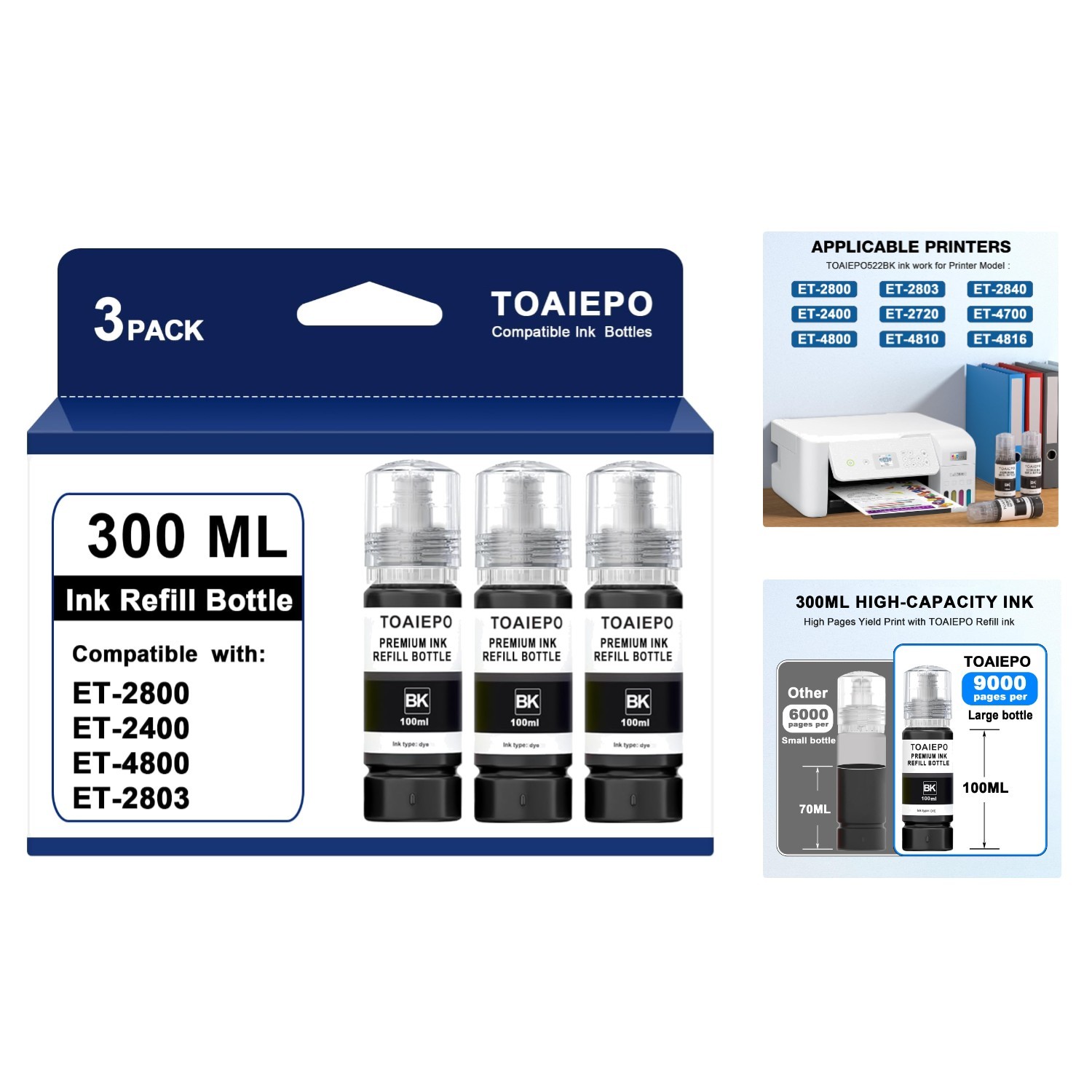 Easy Fill T522 Black Ink Refill Bottles - 3x100ml for ET Series Printers