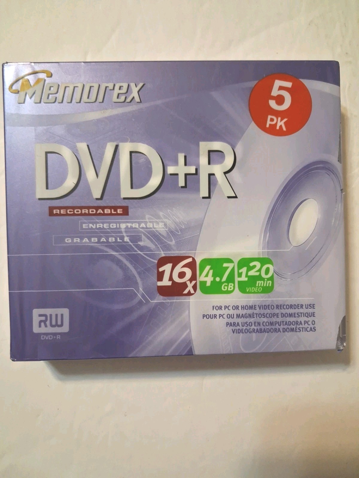 MEMOREX Recordable DVD+R 16x 4.7 GB 120 Min 5 Pack, Sealed Blank