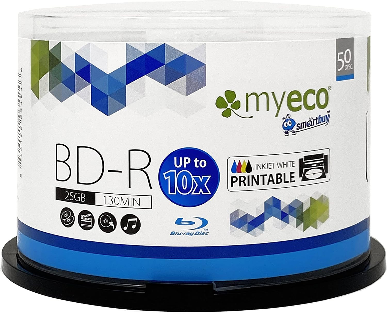 50 Pack Myeco Bd-R BDR Blu-Ray 25Gb White Inkjet Hub Printable Blank Disc