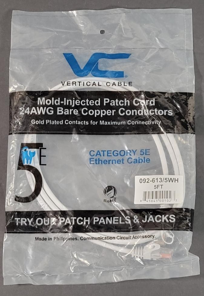 Vertical Cable 092-613 CAT 5E Mold Injected Patch Cord 24 AWG White 5Ft  (IND)