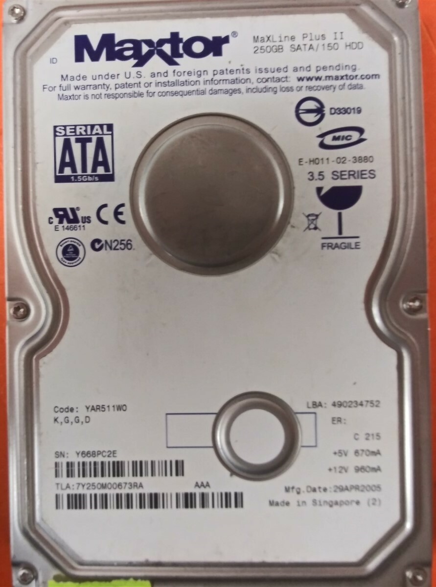 ⭐️⭐️⭐️⭐️⭐️ HDD Hard Drive SATA Desktop 3.5" Maxtor 7Y250M0 250GB YAR511W0