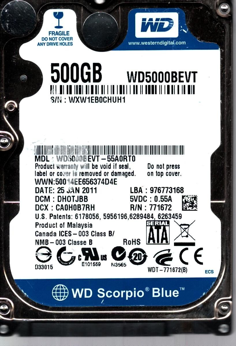 WD5000BEVT-55A0RT0 S/N:WXW1E DCM:DH0TJBB WESTERN DIGITAL 500GB MALAYSIA JAN 2011