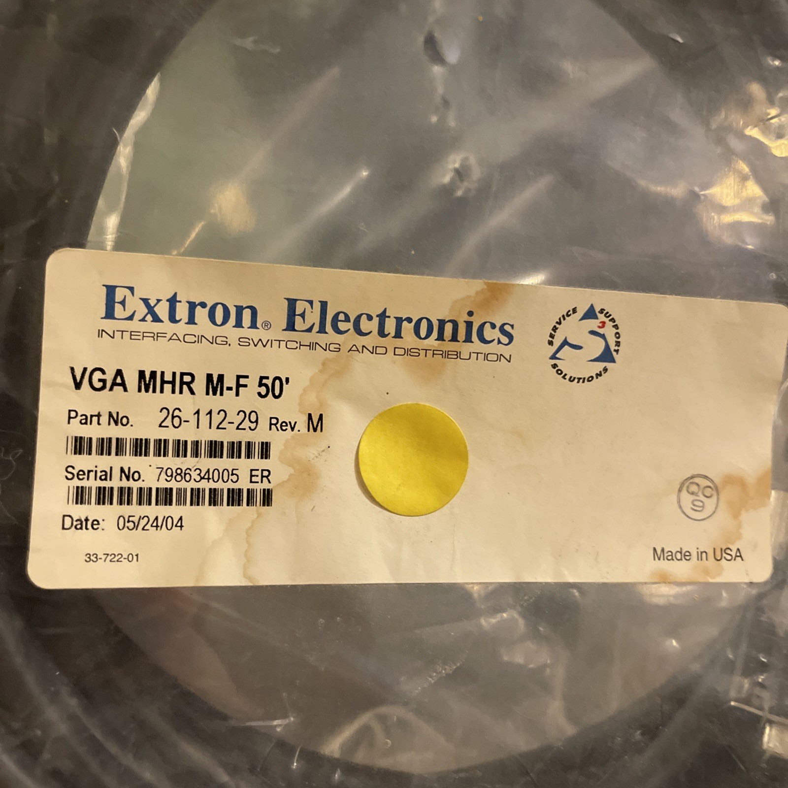 Vga 50 Foot Cable, Electronic Electronics Part Number 26–1 12–29 Reference M