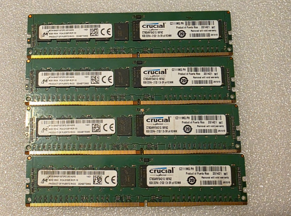 LOT OF 4 x 8GB Micron 32GB DDR4 PC4-2133P  MTA18ASF1G72PZ-2G1A2IG Server Memory