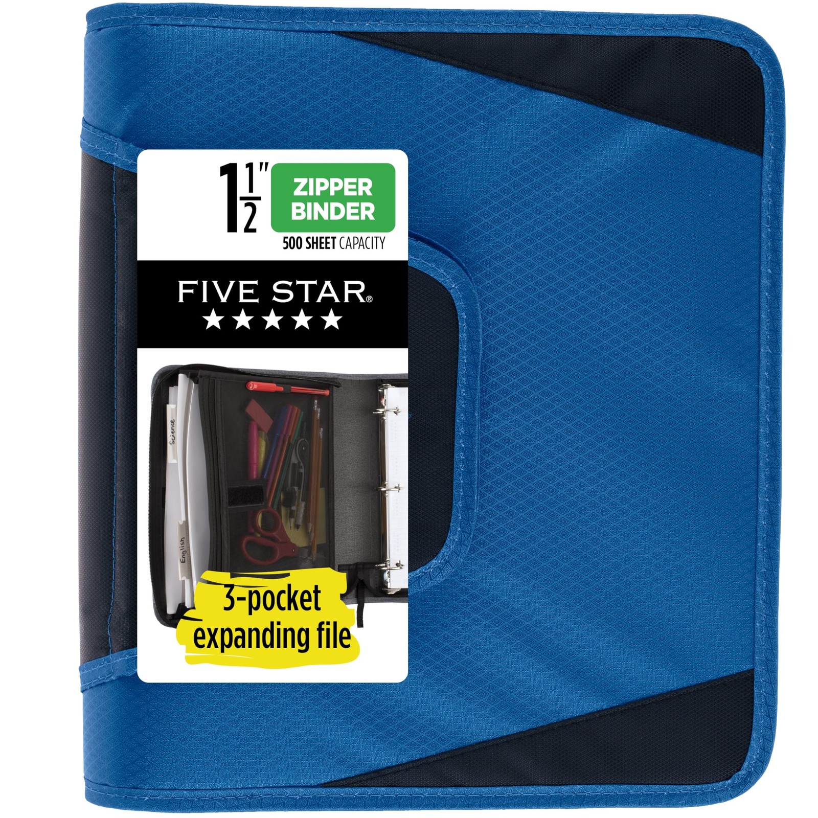 Zipper Binder 1-1/2 Inch 3 Ring Pocket Expanding File Blue 72202 Five Star Round