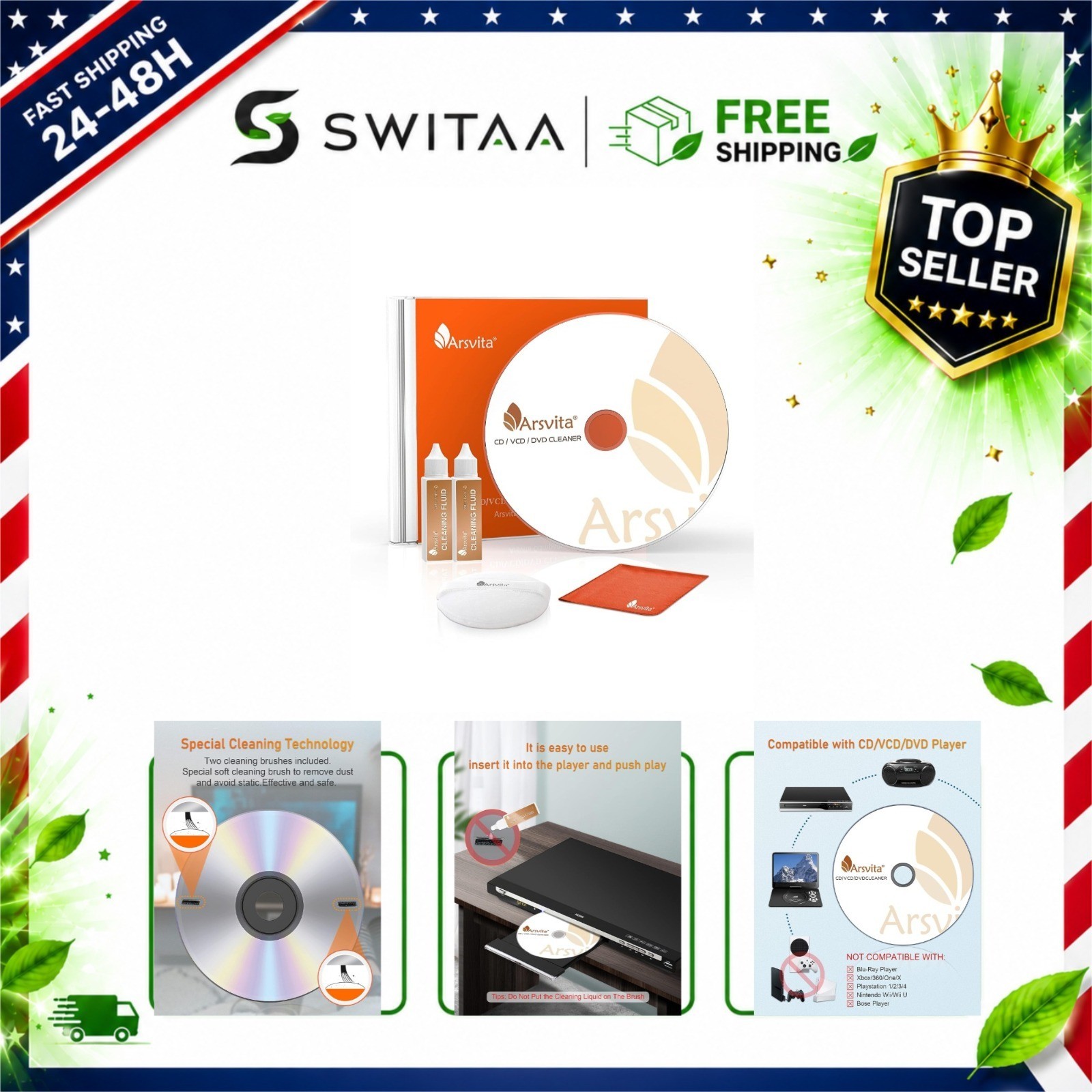 Arsvita CD/DVD Laser Lens Cleaner Disc, Dual-Brush Cleaning System ARCD-04