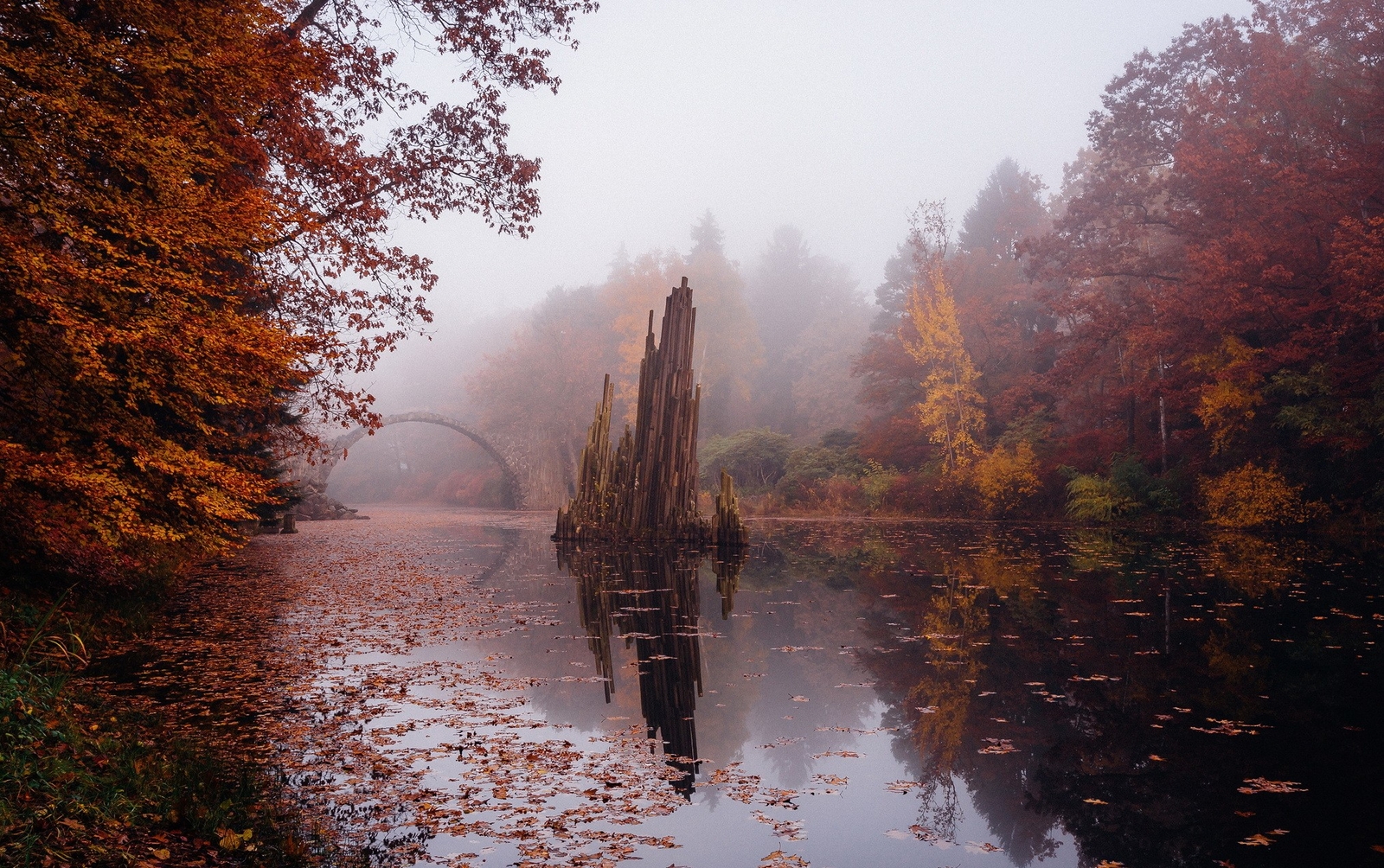 Landscape river bridge mist fall fallen leaves red Custom Gaming Mat Desk