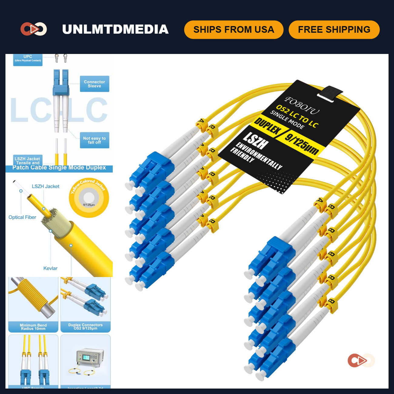 Duplex LC to LC Single Mode Fiber Patch Cable 0.5m/1.6ft - 5 Pack, High-Speed