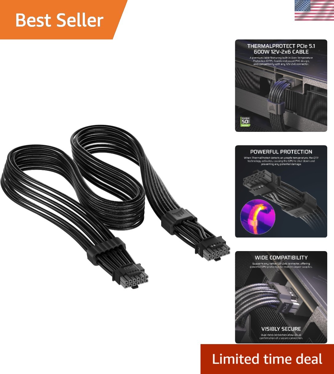 ThermalProtect PCIe 5.1 600W 12V-2x6 Cable – Black