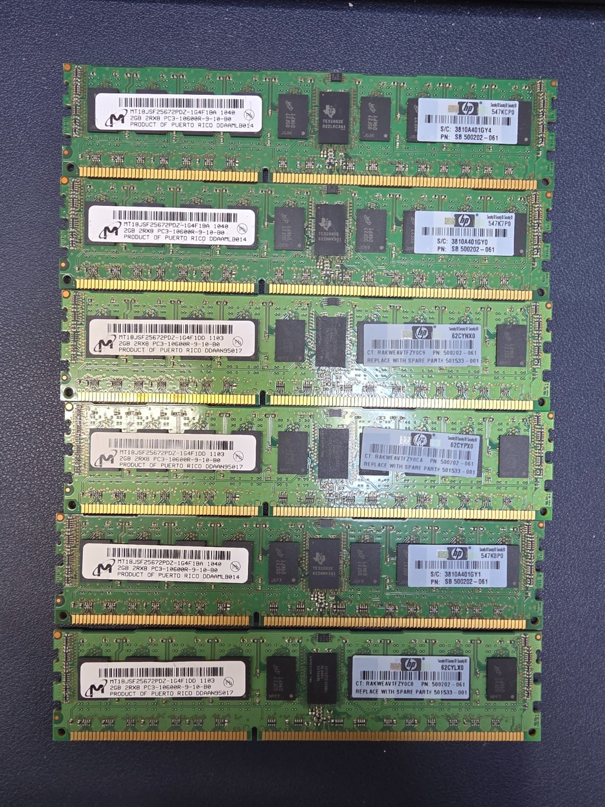 Lot of 6 Micron MT18JSF25672PDZ- 2GB 2RX8 PC3-10600R High-Performance Memory