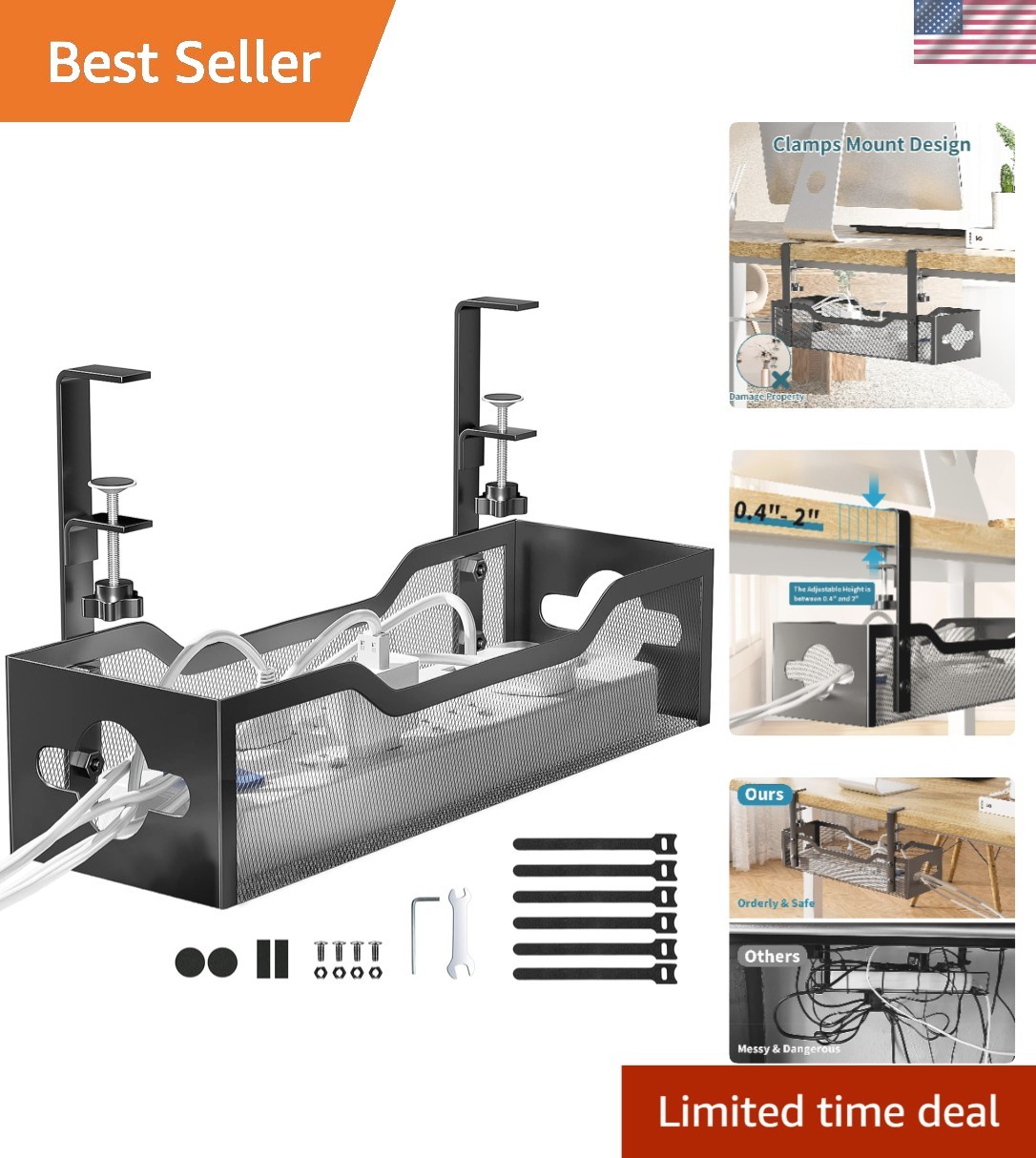 Modern Under Desk Cable Organizer with Rubber Pads - Easy Clamp Installation