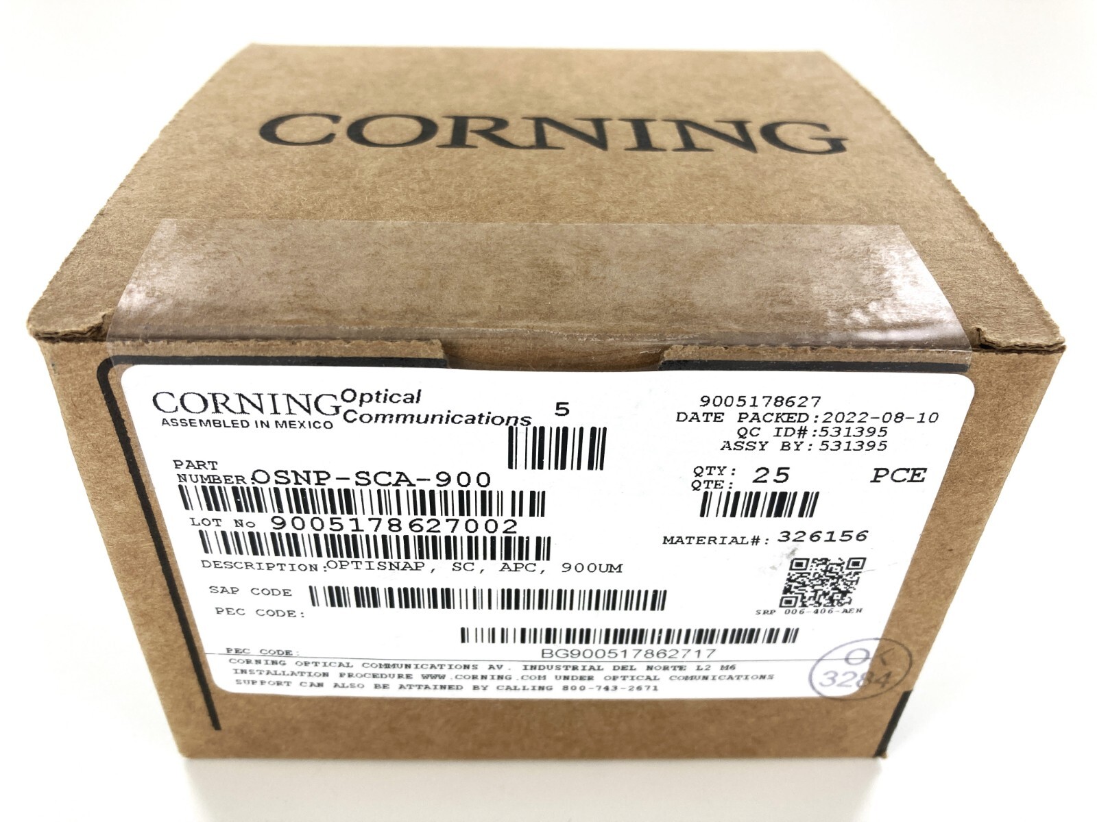 (BOX OF 25) Corning OSNP-SCA-900 Fiber Optic Connector 900 um SC SM OS2 APC