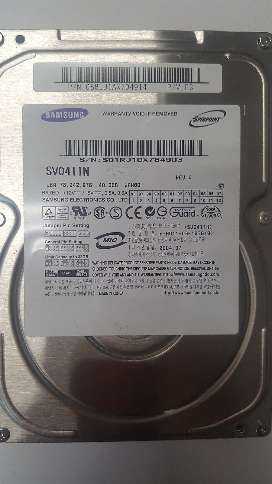 40GB IDE Samsung SV0411N P-ATA 5400RPM 2MB HDD 3.5" Internal Hard Drive