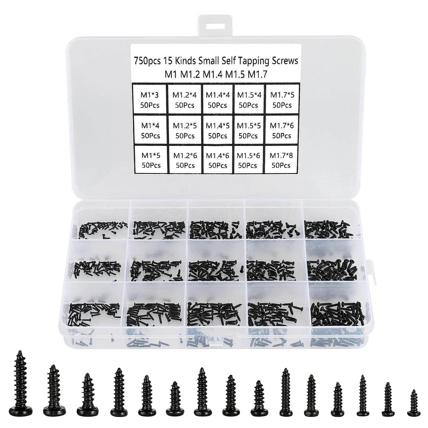 750Pcs Black Tiny Screws for Electronics, M1, M1.2, M1.4, M1.5, M1.7 Very Small