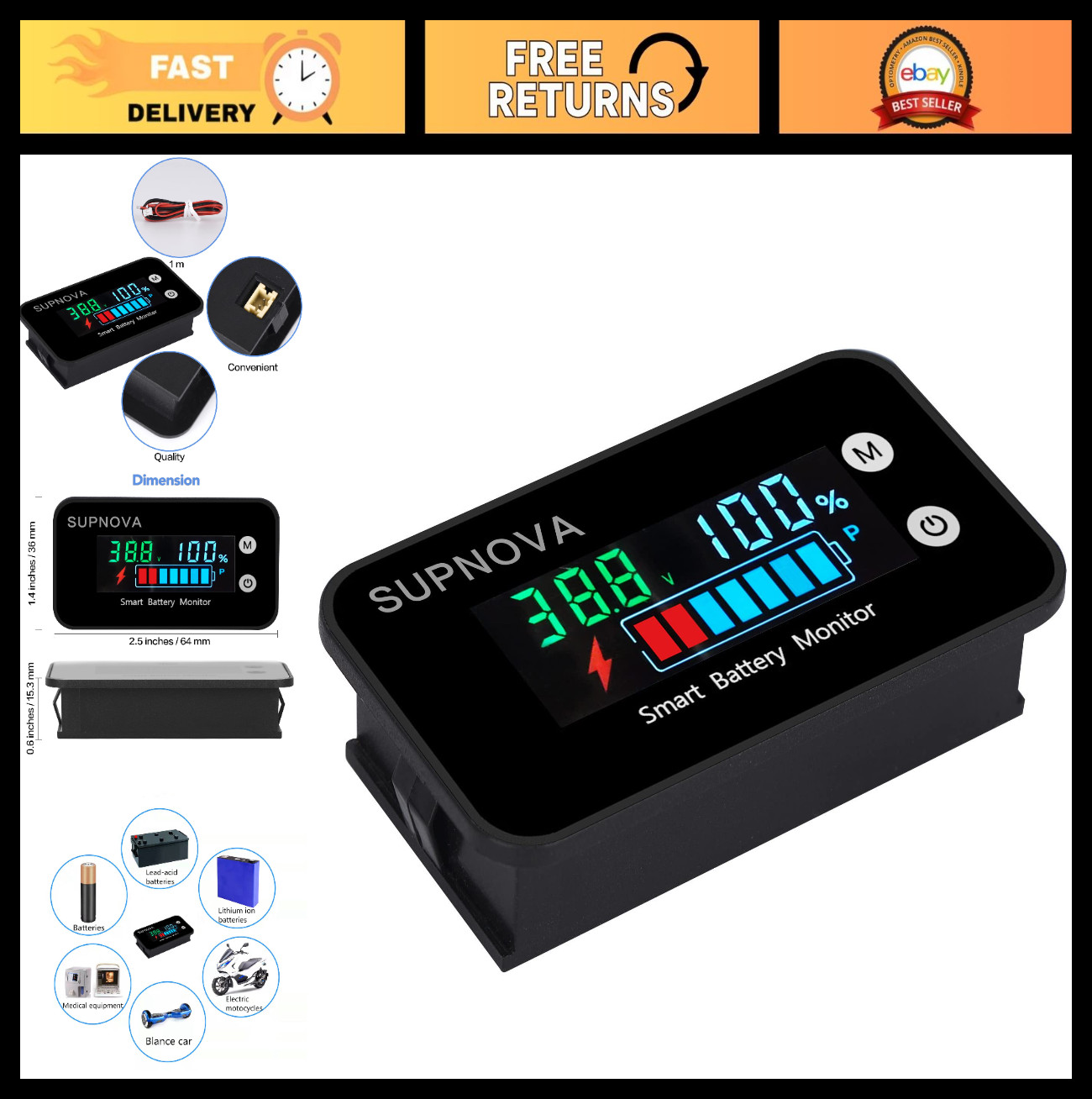 Digital Battery Monitor 12V-72V for Car & Golf Cart - Voltage Tester with Buzzer