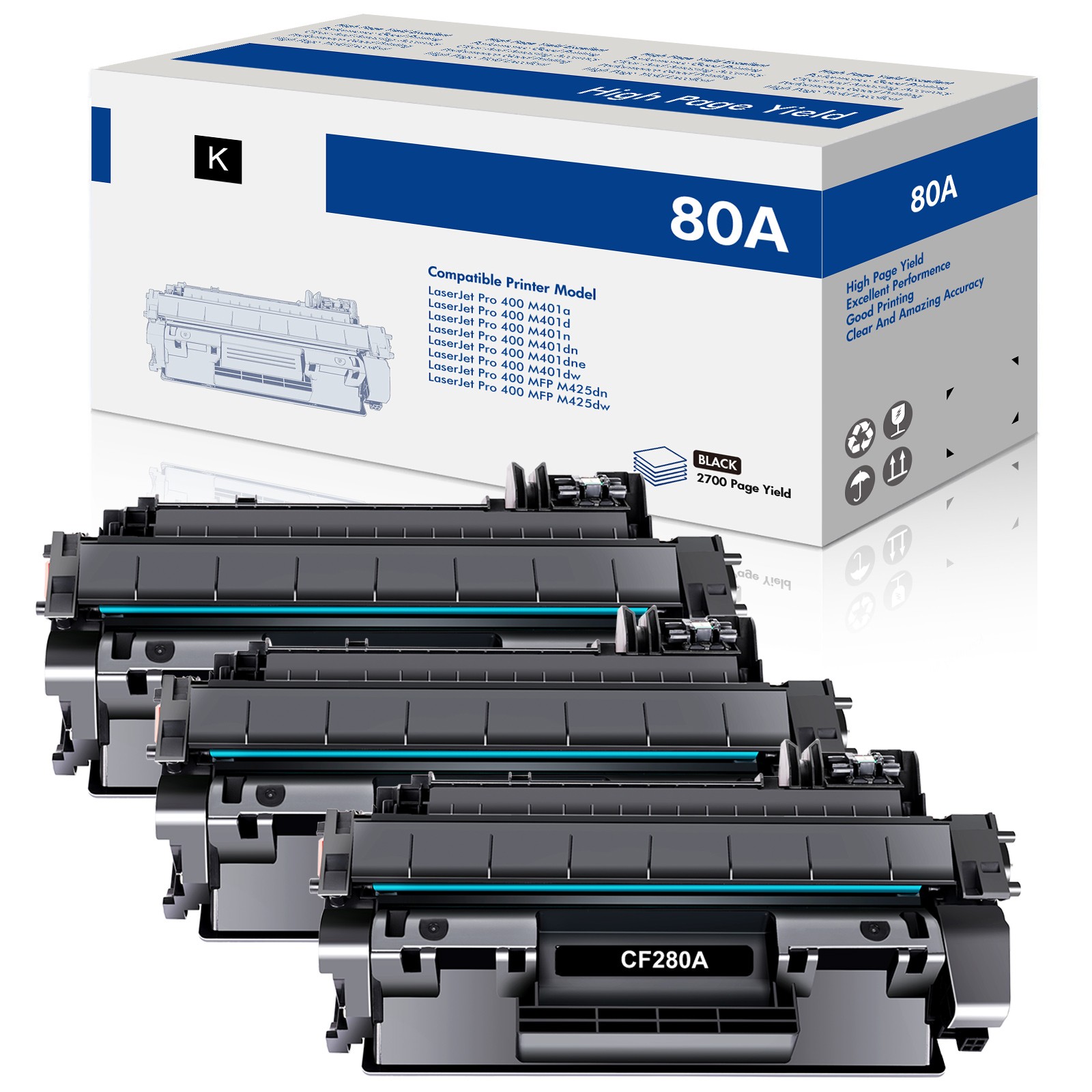 3PK CF280A Toner Compatible With HP 80A LaserJet Pro 400 M401dn M401n MFP M425dn