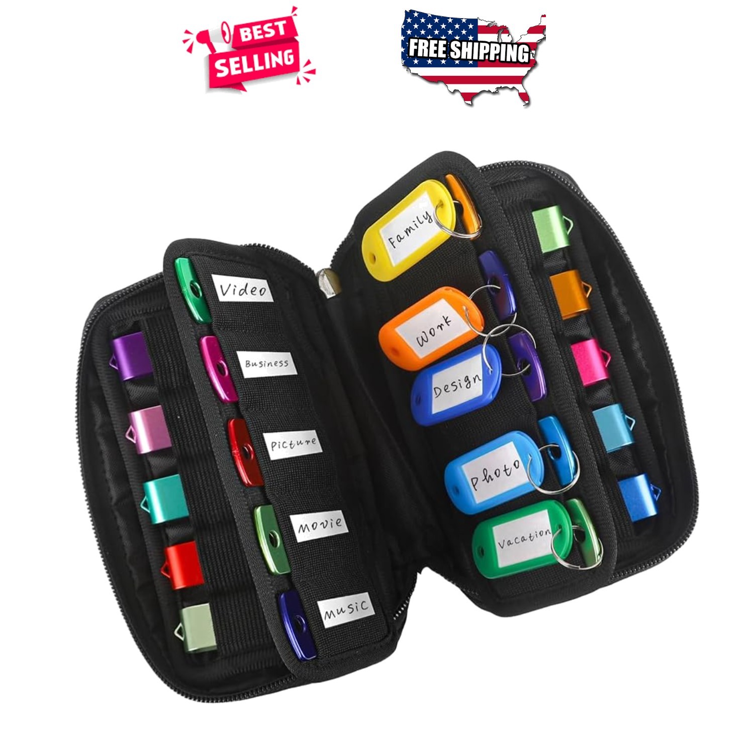 USB Flash Drive Case Organizer 20 Slot Neoprene Storage Holder with Labels Black