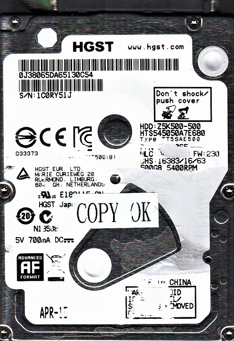 HGST TRAVELSTAR ZK500-500 HTS545050A7E680 500GB 2.5" 5.4K SATA HARD DRIVE - NICE