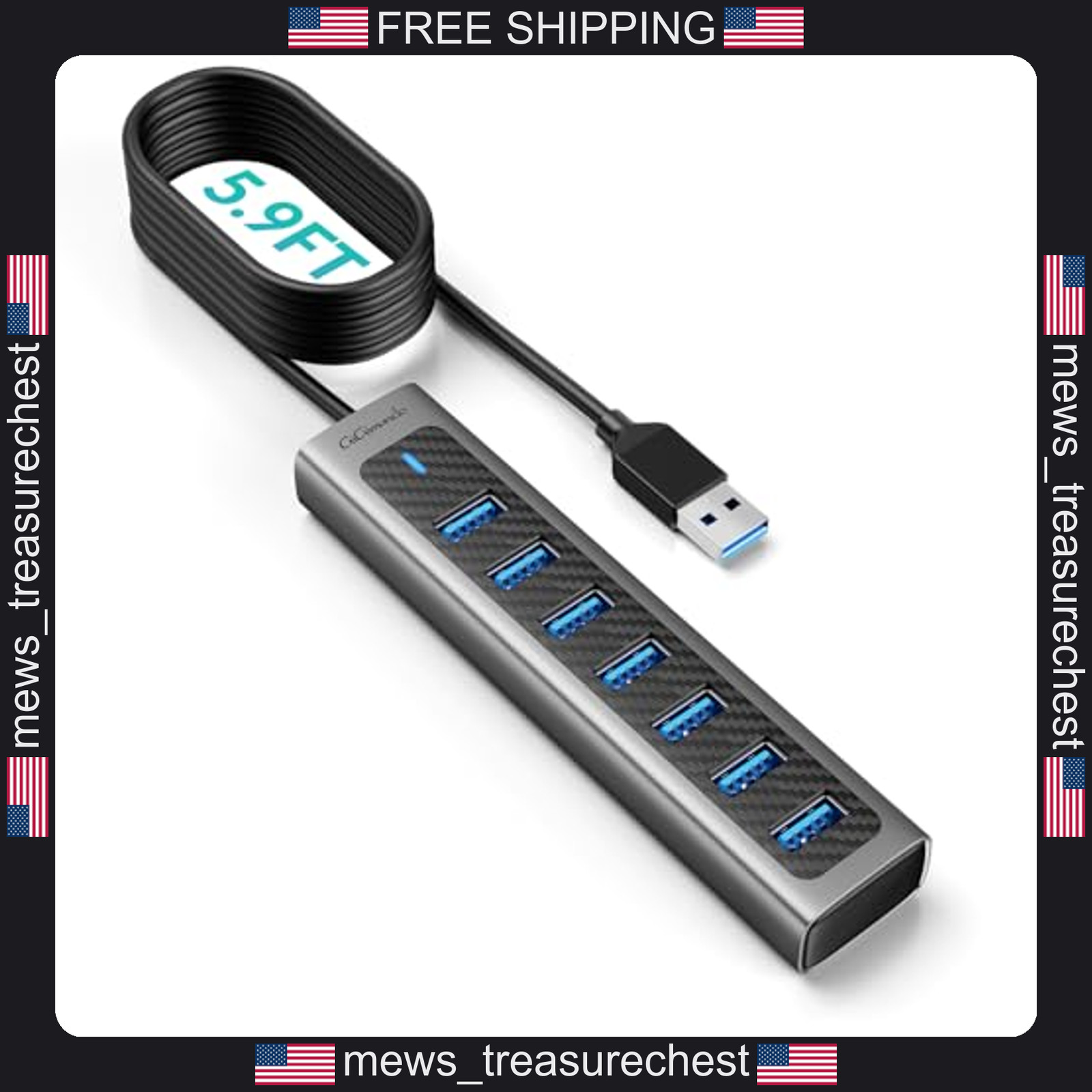 USB 3.0 Hub 7 Ports with 6ft Long Cable for Desktop and Laptop