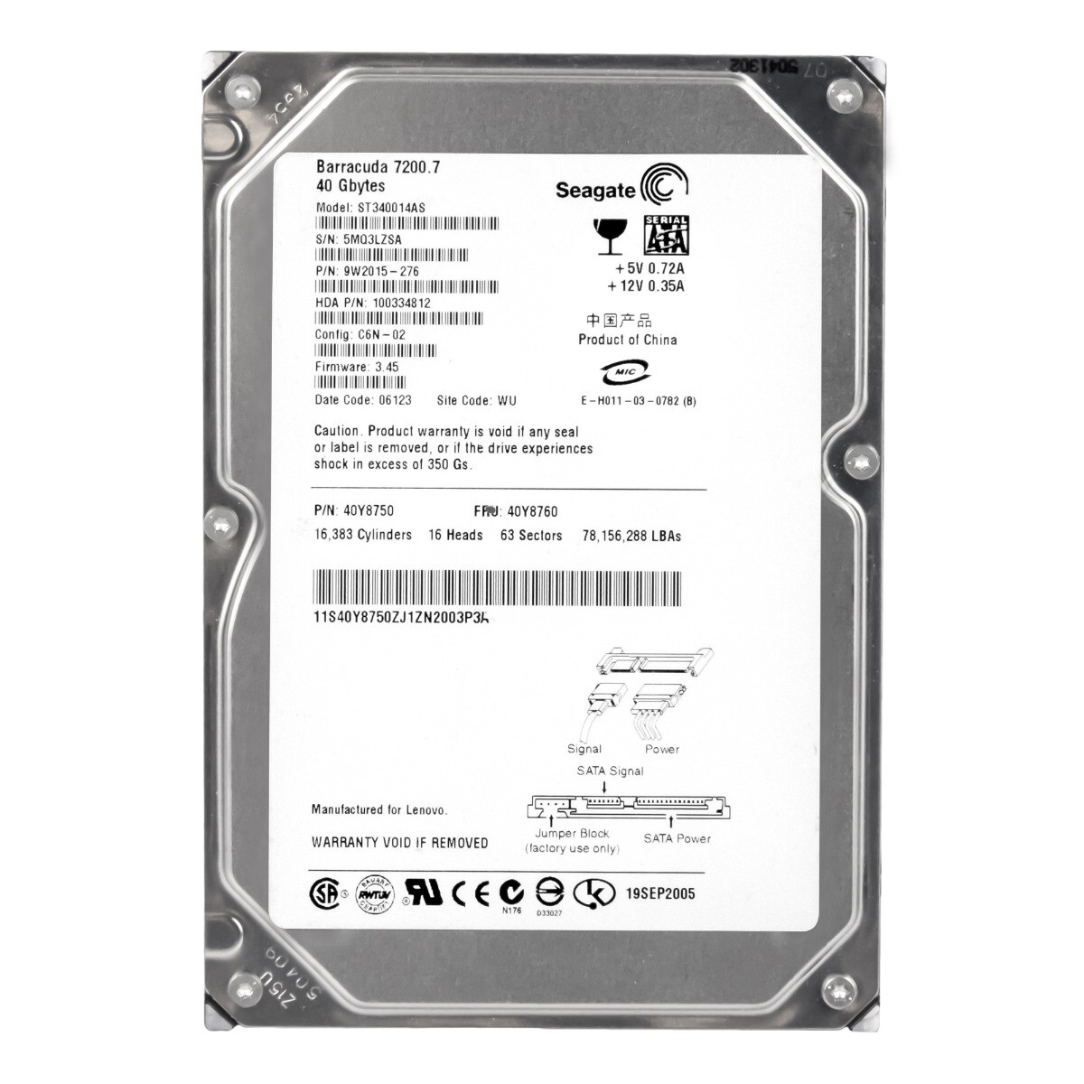 IBM 40Y8760 40Y8750 40gb 7.2k 2mb SATA 3.5'' ST340014AS
