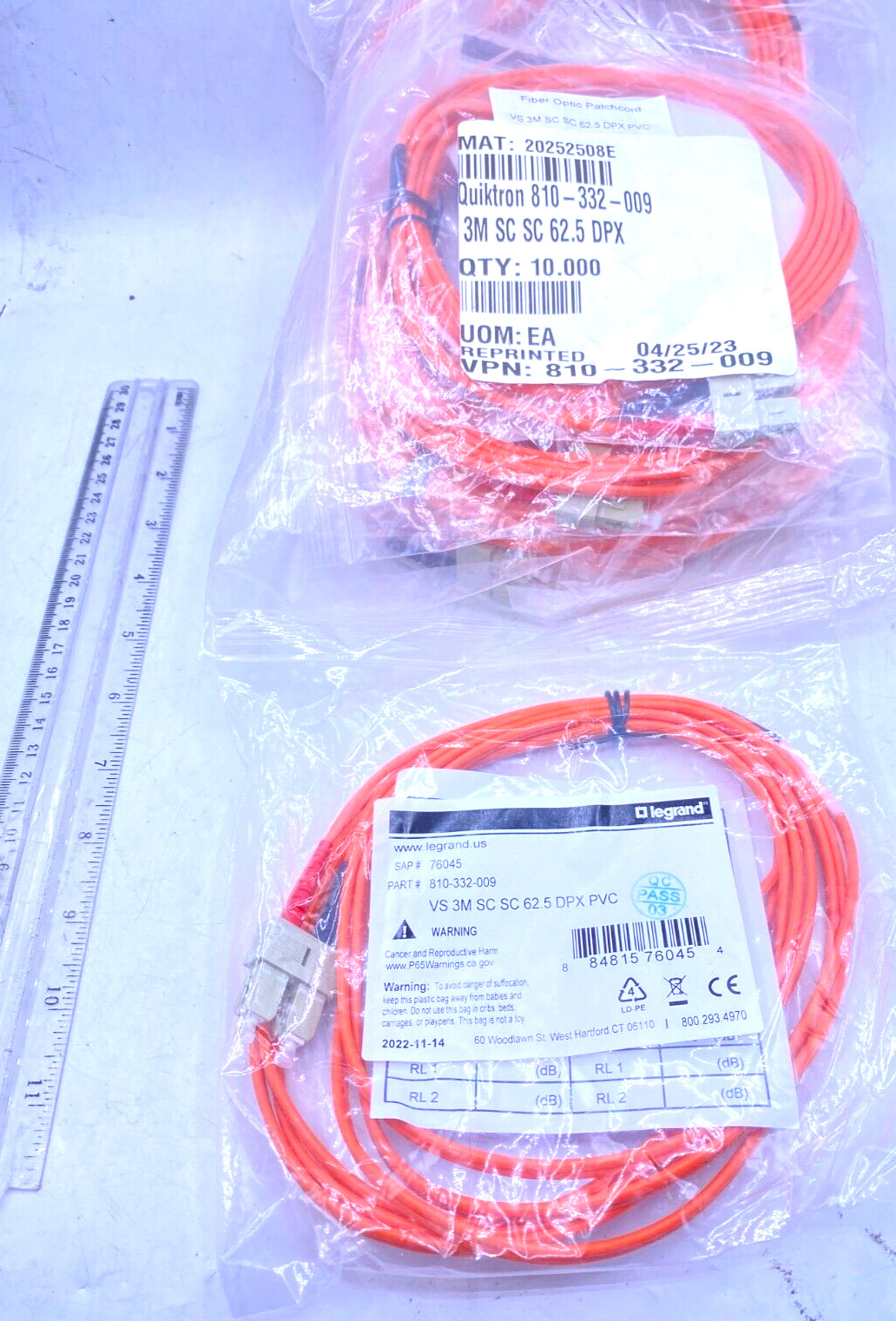 Legrand Quiktron Lot of 12 Fiber Optic Cable 3M SC SC 62.5 DPX 810-332-009 New
