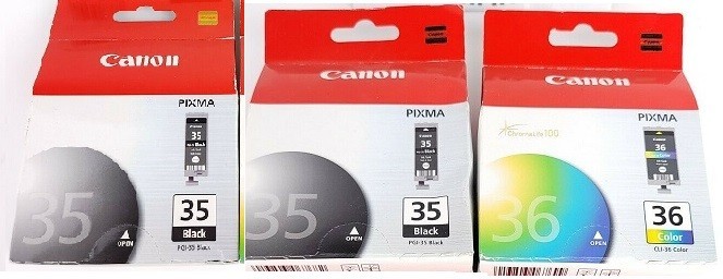 3 NEW Genuine Factory Sealed Canon 35 Black 36 Color Inkjet Cartridges
