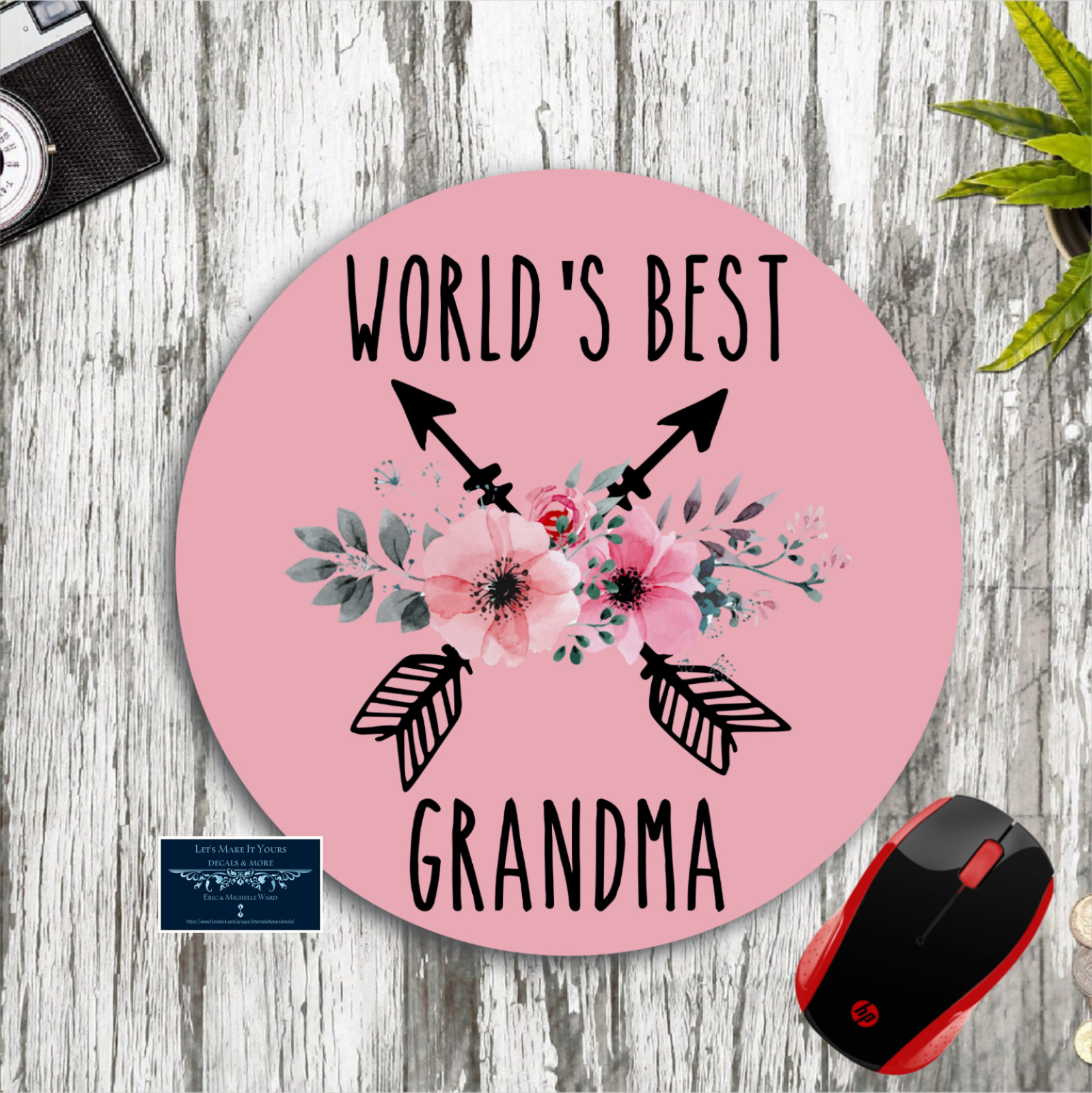 WORLDS BEST GRANDMA ARROW FLOWERS PINK ROUND MOUSE PAD DESK MAT HOME OFFICE GIFT