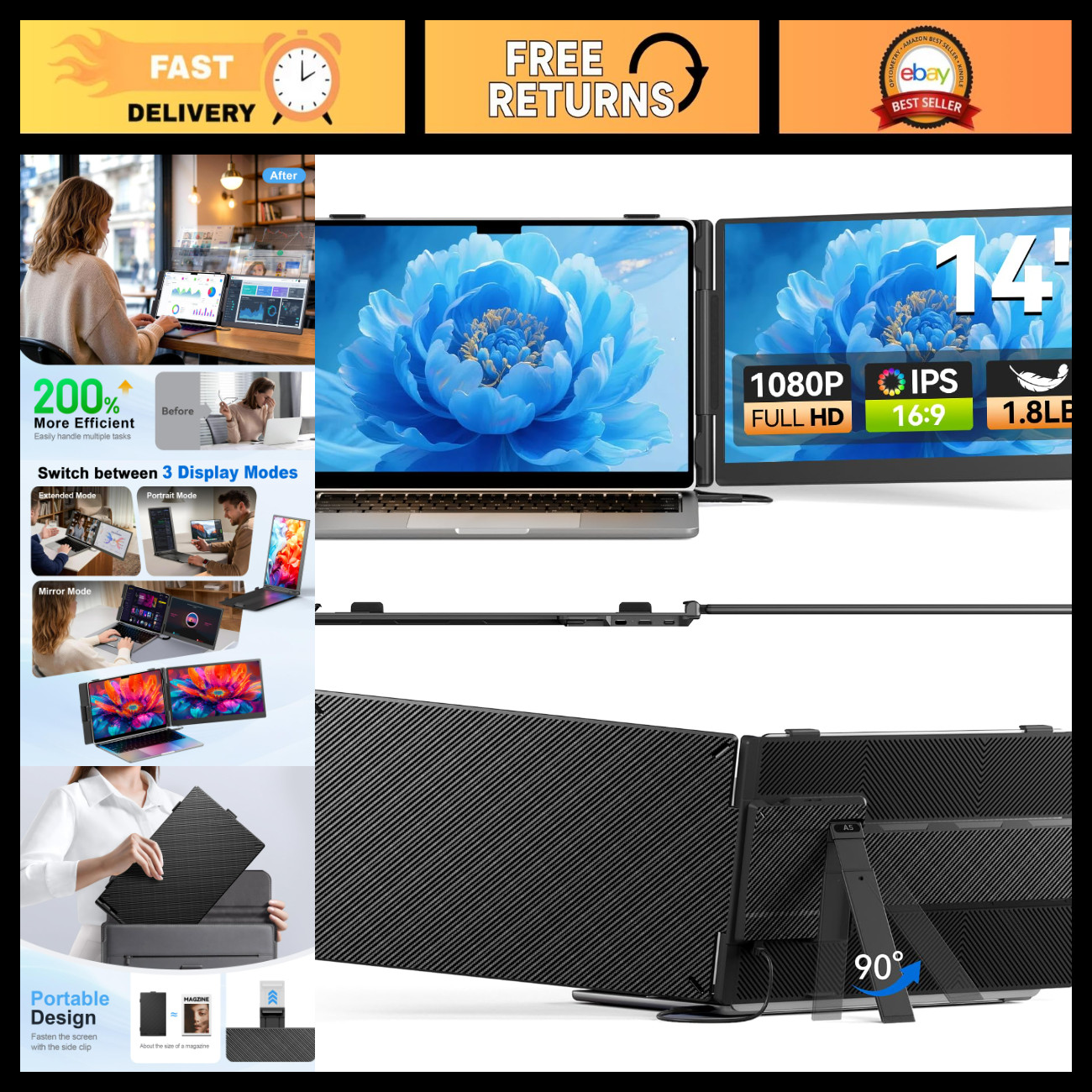 14" Laptop Screen Extender - Ultra Lightweight Dual Monitor Setup, 1.8lbs, Porta