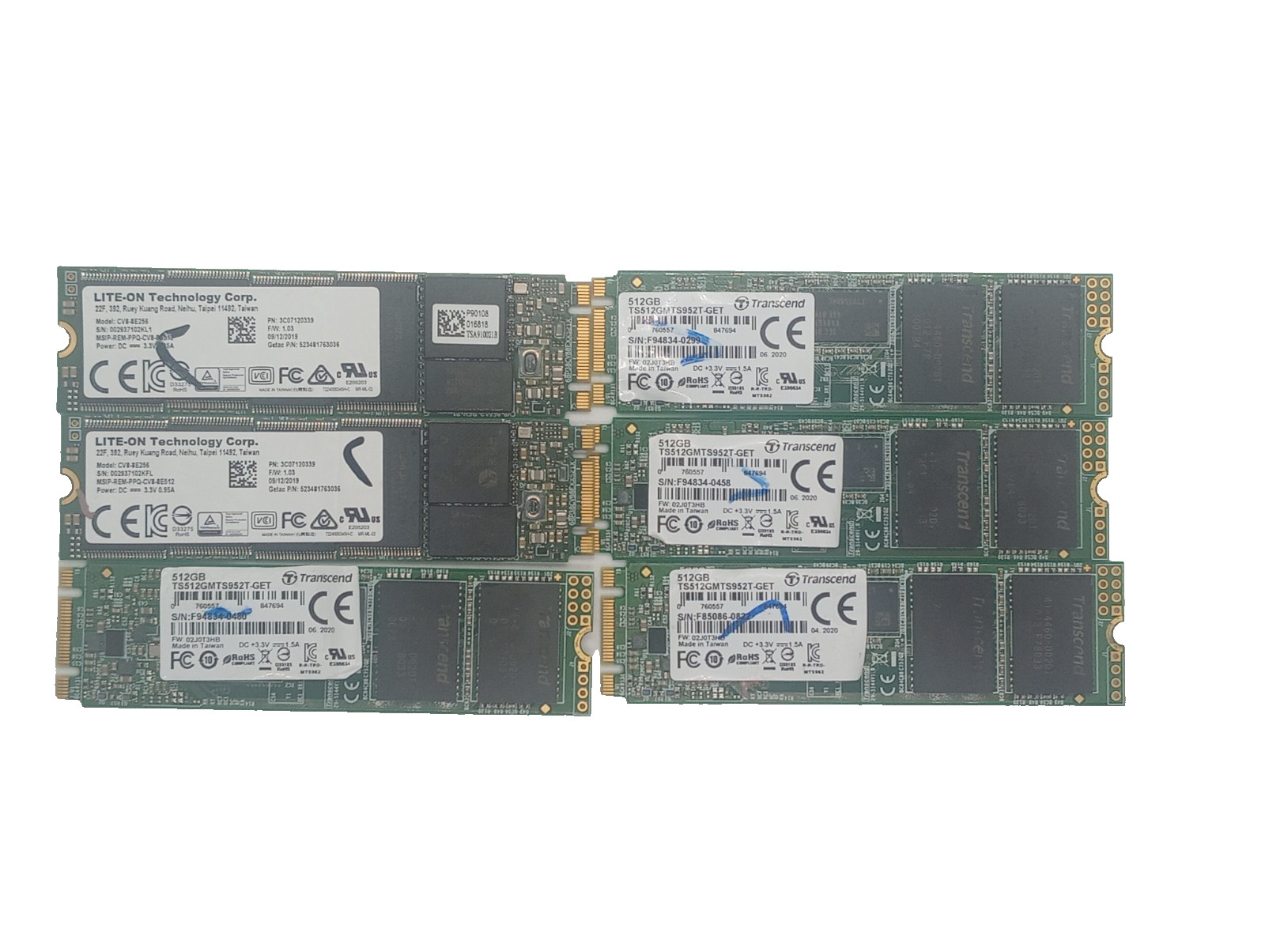 Lot of 6 Laptop Mix Fast SSDs 512GB (4) 256GB (2) Lite-On Tech Transcend
