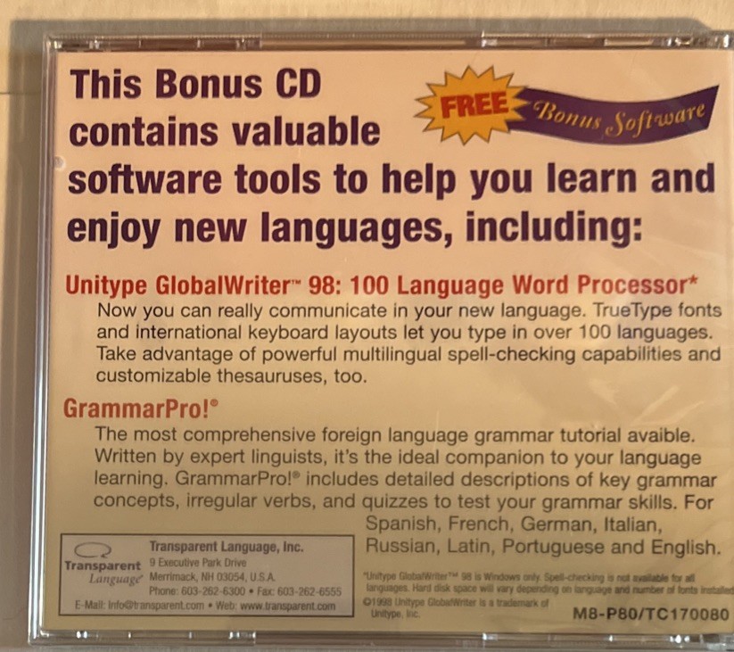 Transparent Language Bonus CD Language Software - New /Sealed. XH