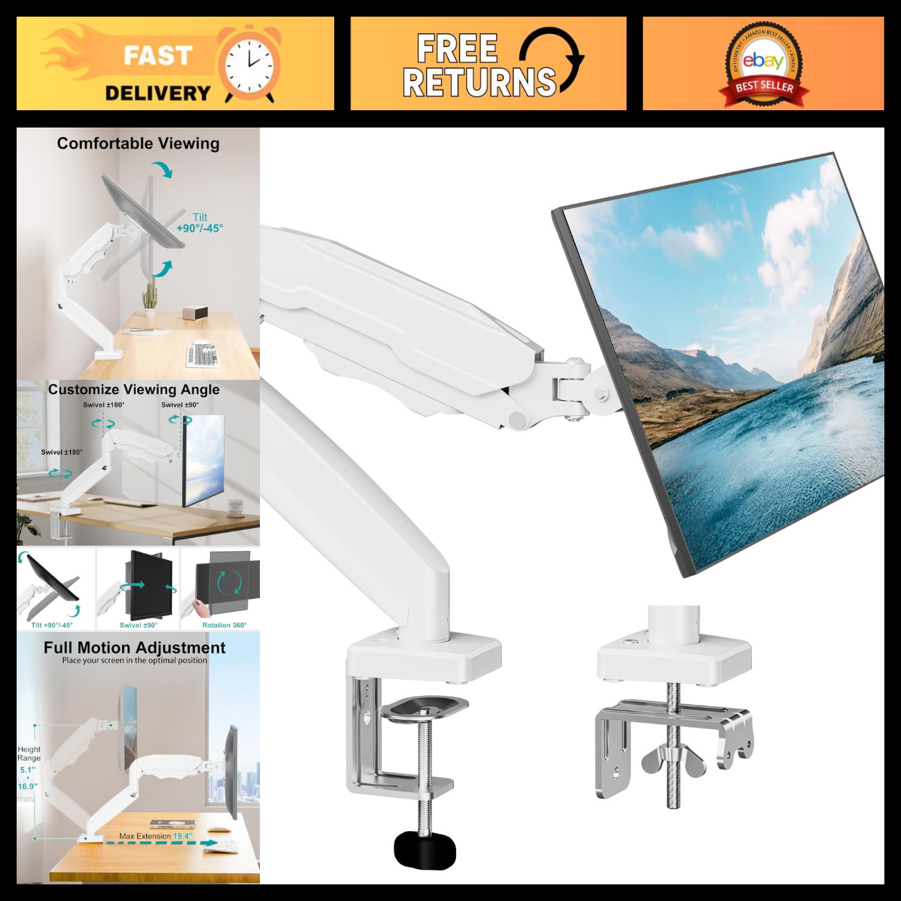 Fully Adjustable Single Monitor Mount Arm for Up to 32" Screens - Ergonomic Desi