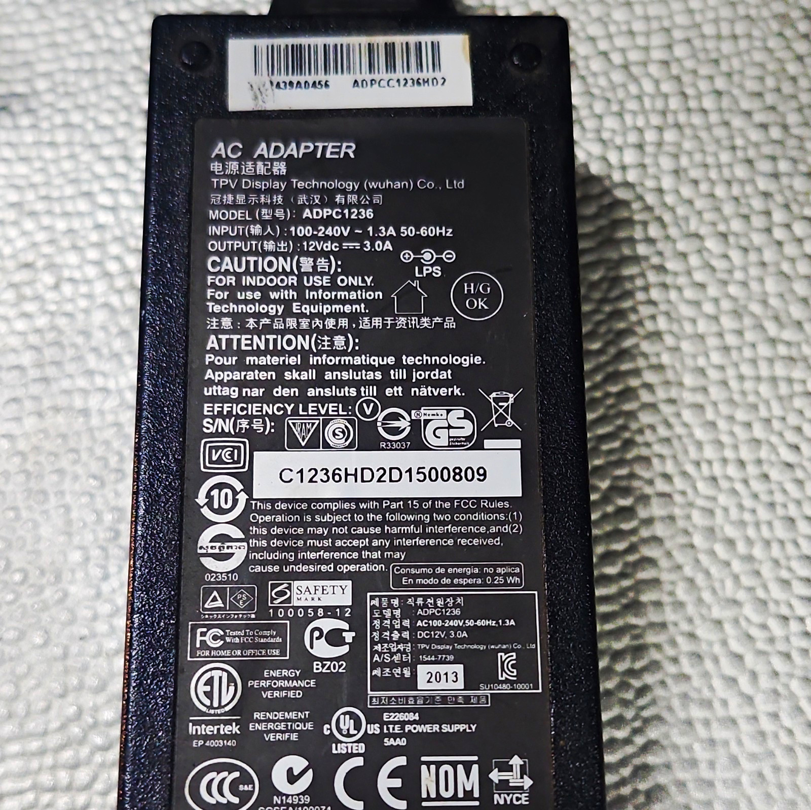 TPV Display Technology ADPC1236 AC Adapter 12V 3A 36W Power Supply