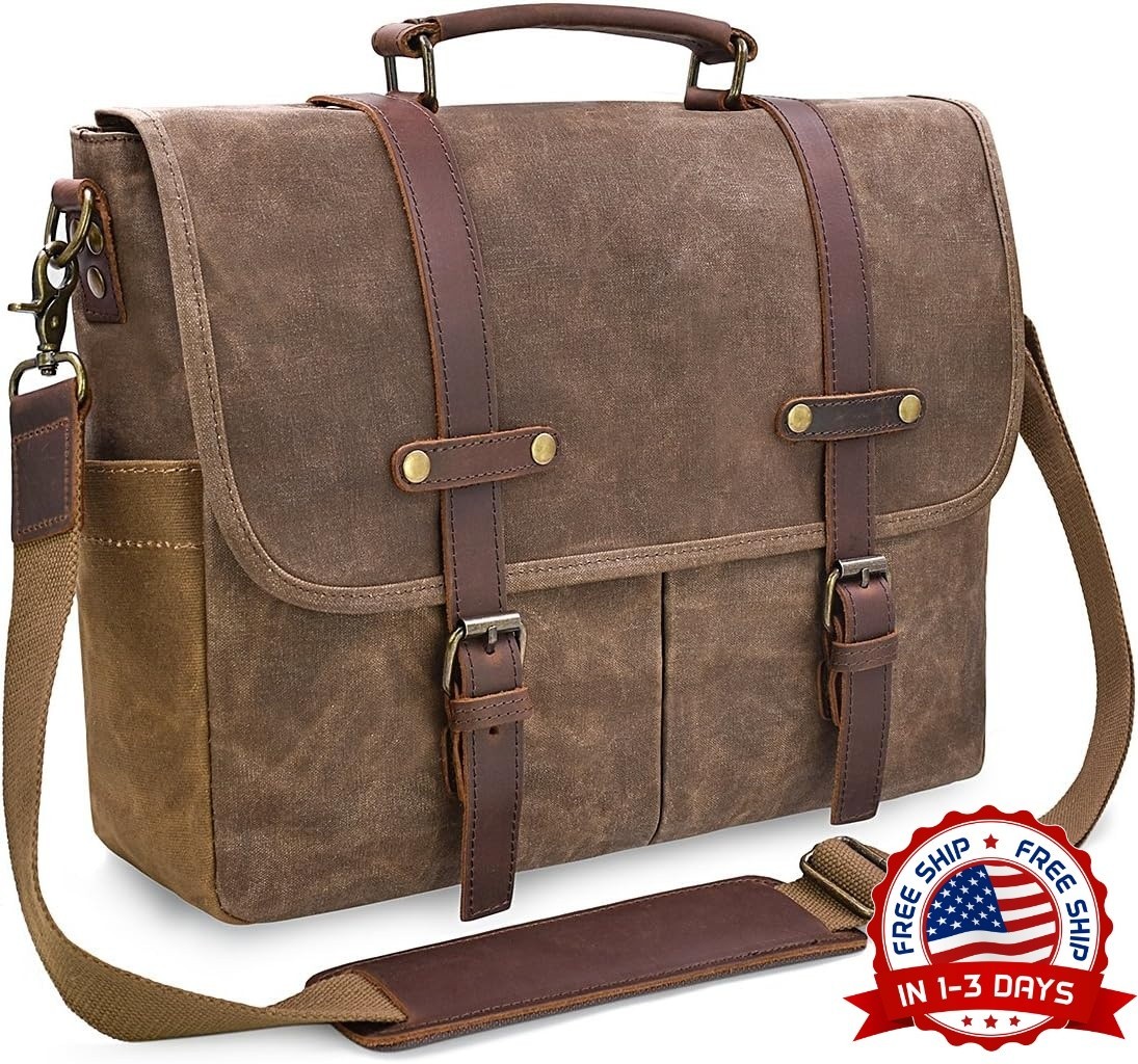 Bolso bandolera para hombre de 15,6",impermeable,de piel vintage y lona encerada