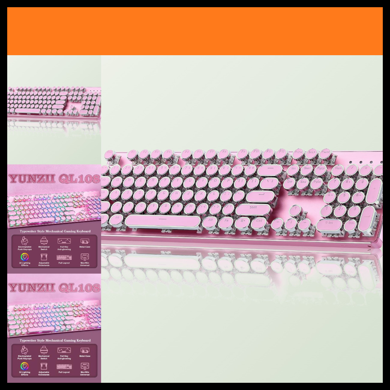 YUNZII QL108 Typewriter Mechanical Gaming Keyboard, Pink