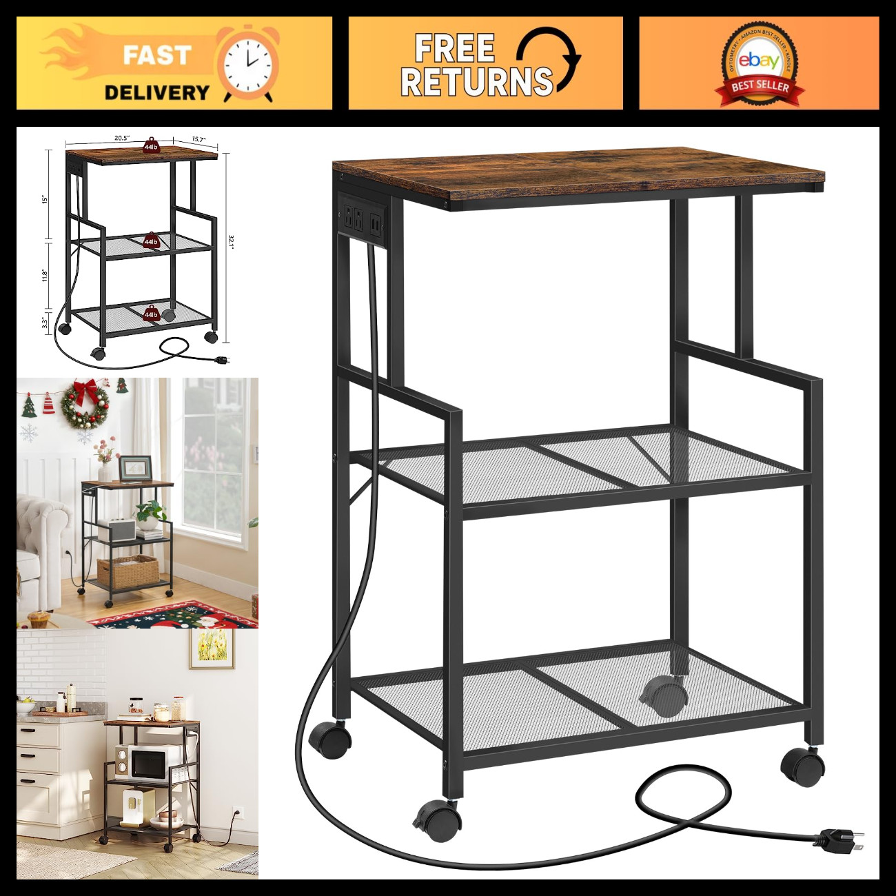 3-Tier Mobile Printer Stand with Power Outlets & USB Ports - Rolling Cart for Ho