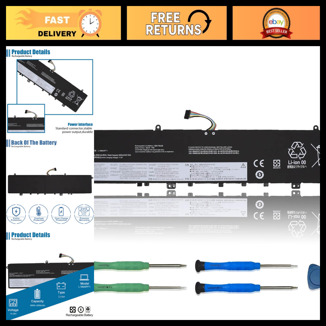 Laptop Battery Replacement for Yoga C940, IdeaPad S740, 15.36V 69Wh 4500mAh