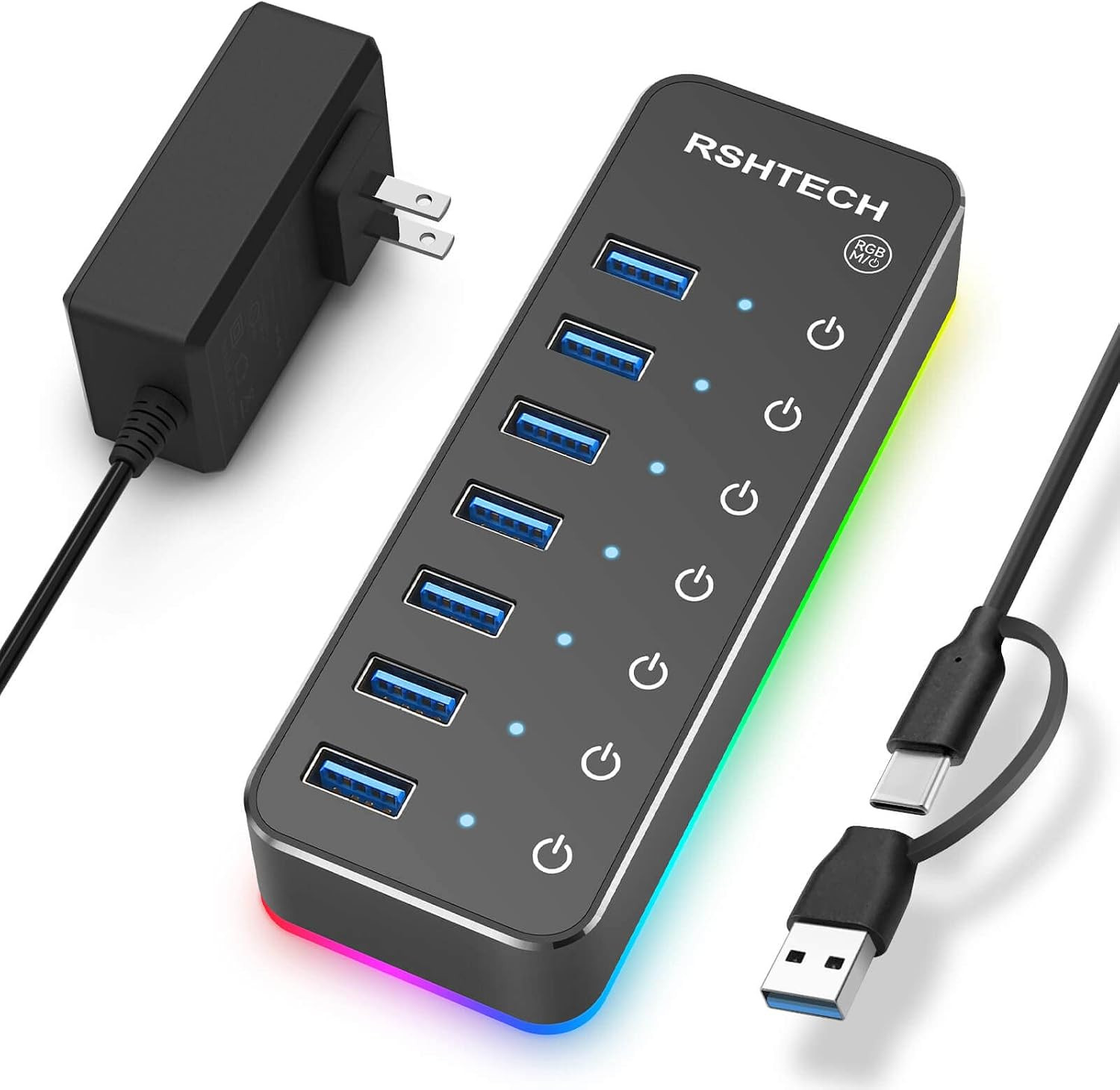 RGB USB Hub, USB C/USB 3.0 to 7-Port Powered USB Hub, RSH-518R