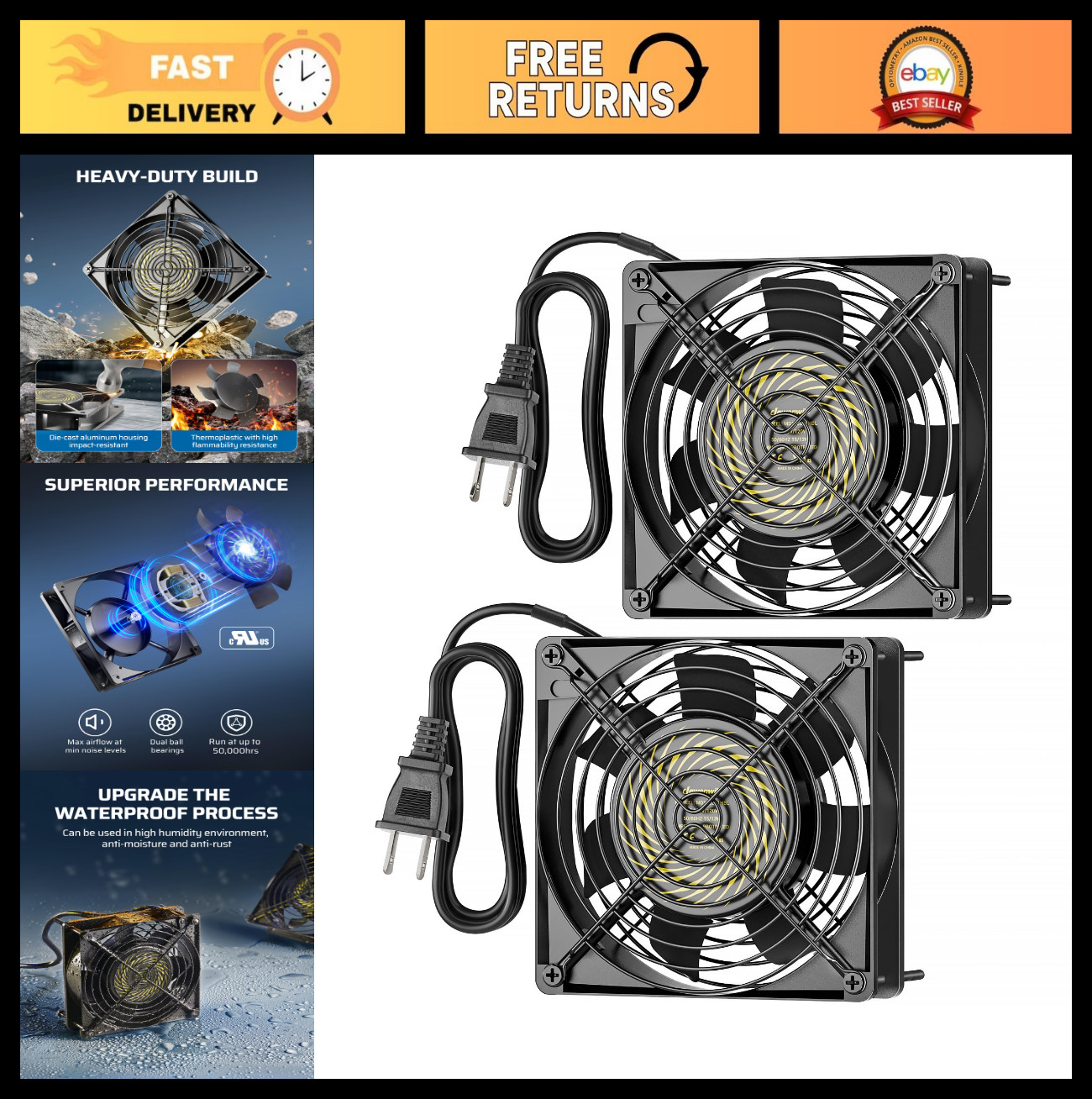 2 Pack 120V Waterproof Exhaust Fan 120mm, 13W 2800RPM Cooling Fan for DIY Projec