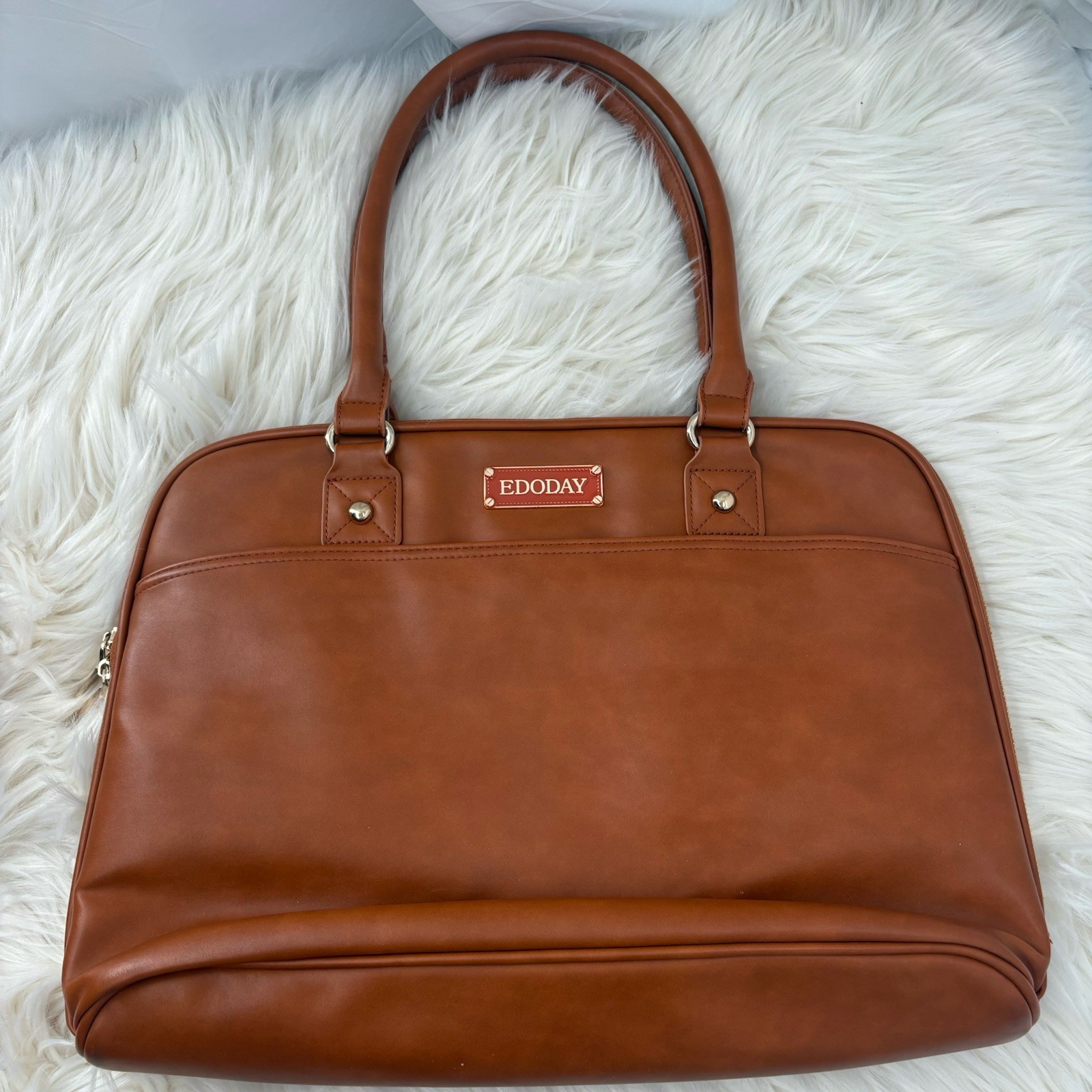 EDODAY Camel Genuine Leather Laptop bag Zipper Multi Pocket 16x11”