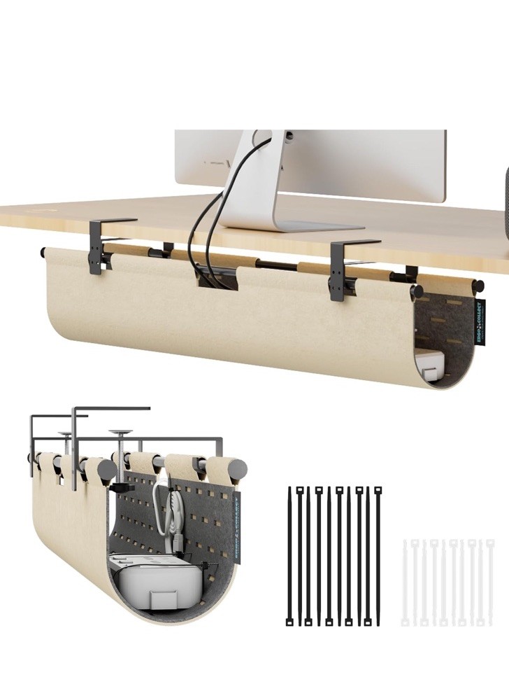 No Drill Under Desk Cable Management Tray, 30" Felt Cord Organizer | Clamp or...