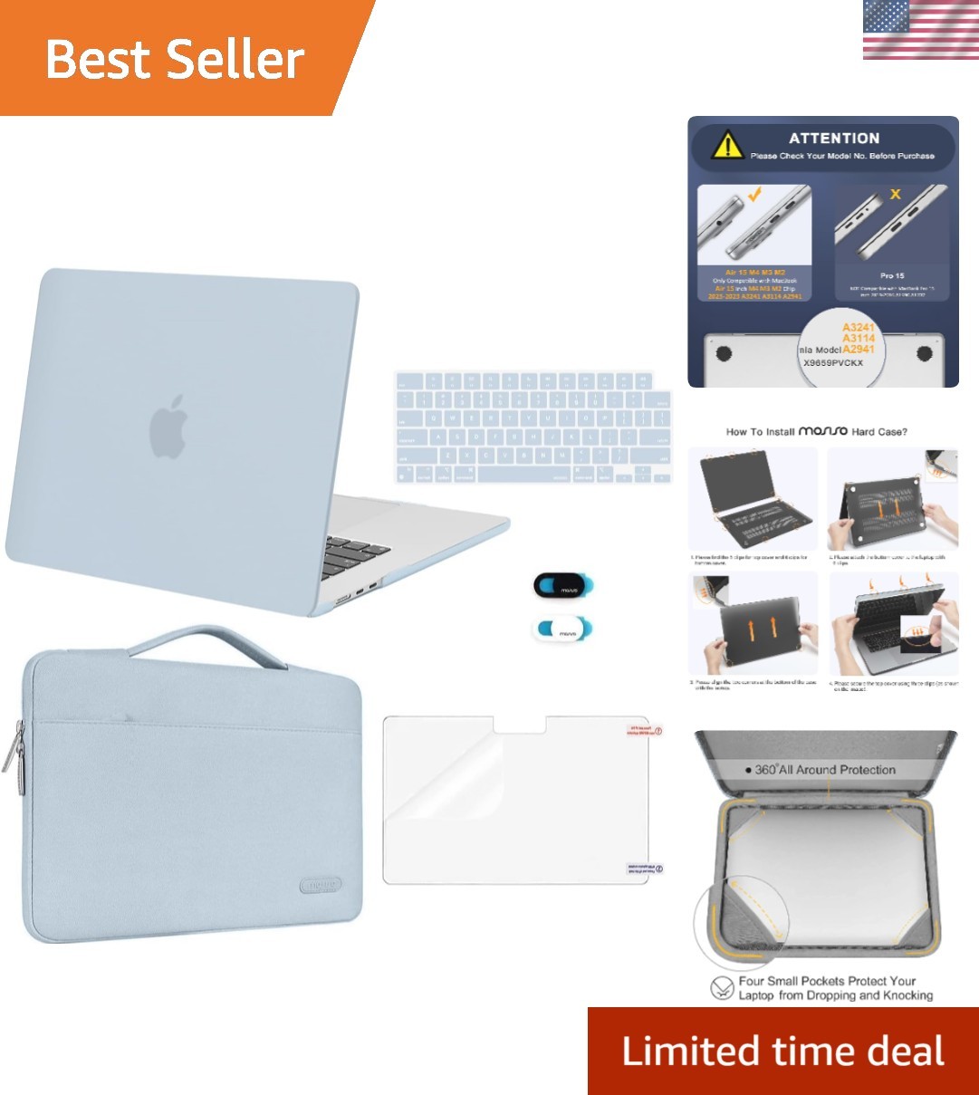 Elegant Baby Blue MacBook Air 15" Hard Case with Accessories & Shockproof Sleeve