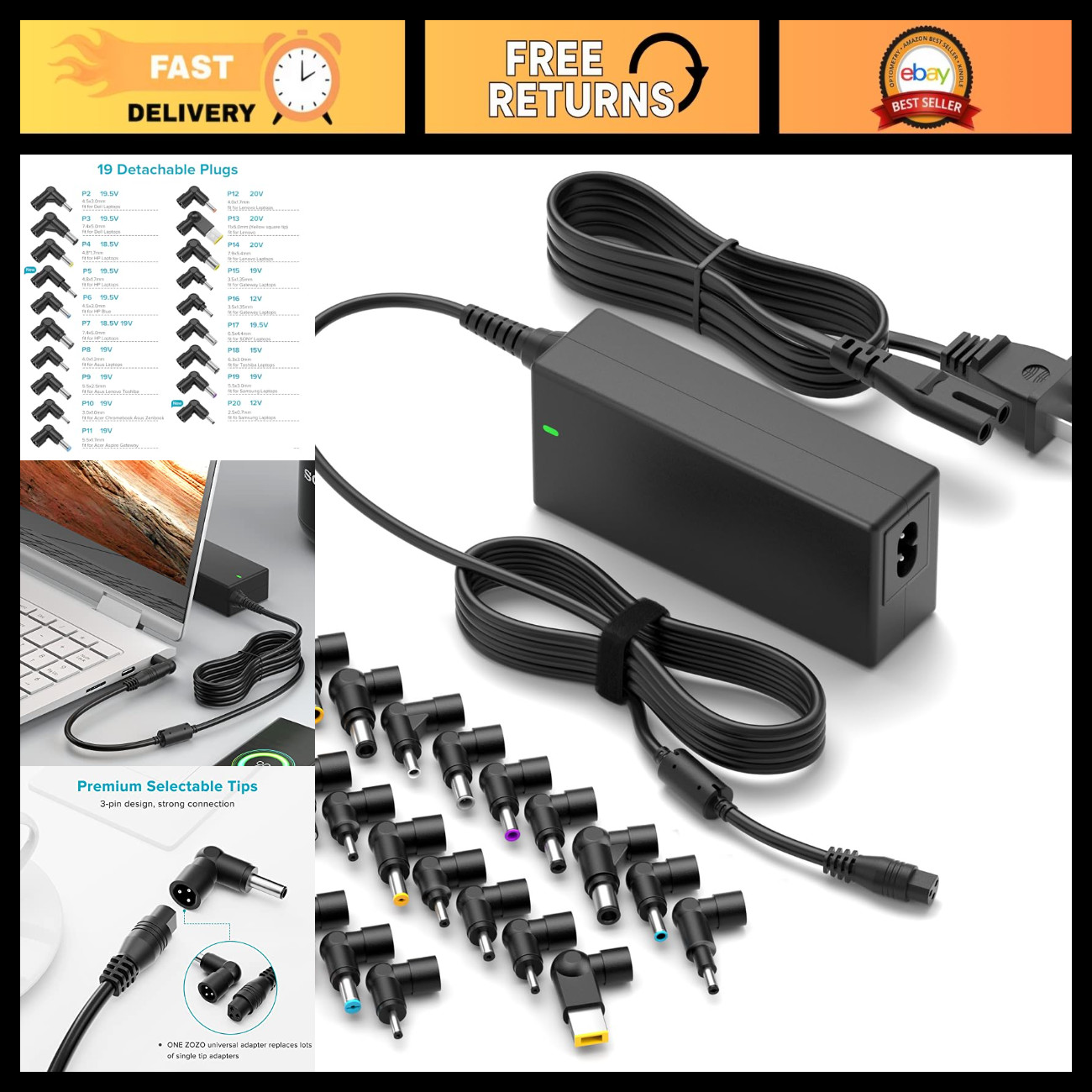 90W Universal Laptop Charger AC Power Adapter for HP Dell Lenovo Acer Asus Sony