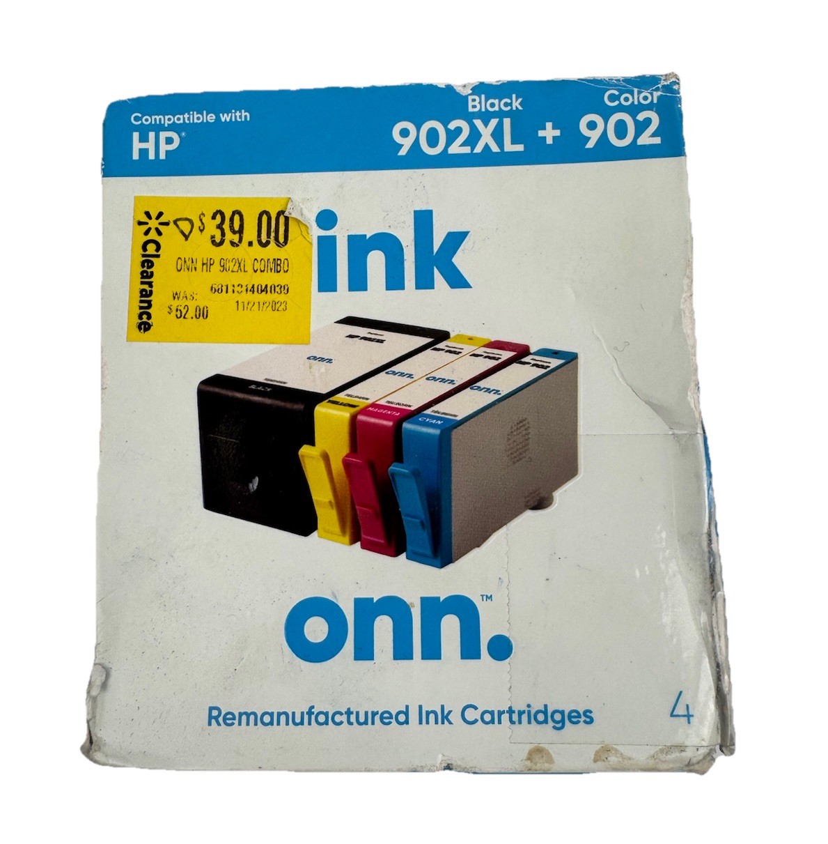 Onn HP 902XL Black & 902 Tri-Color Re-manufactured Ink Cartridges 4 Pack