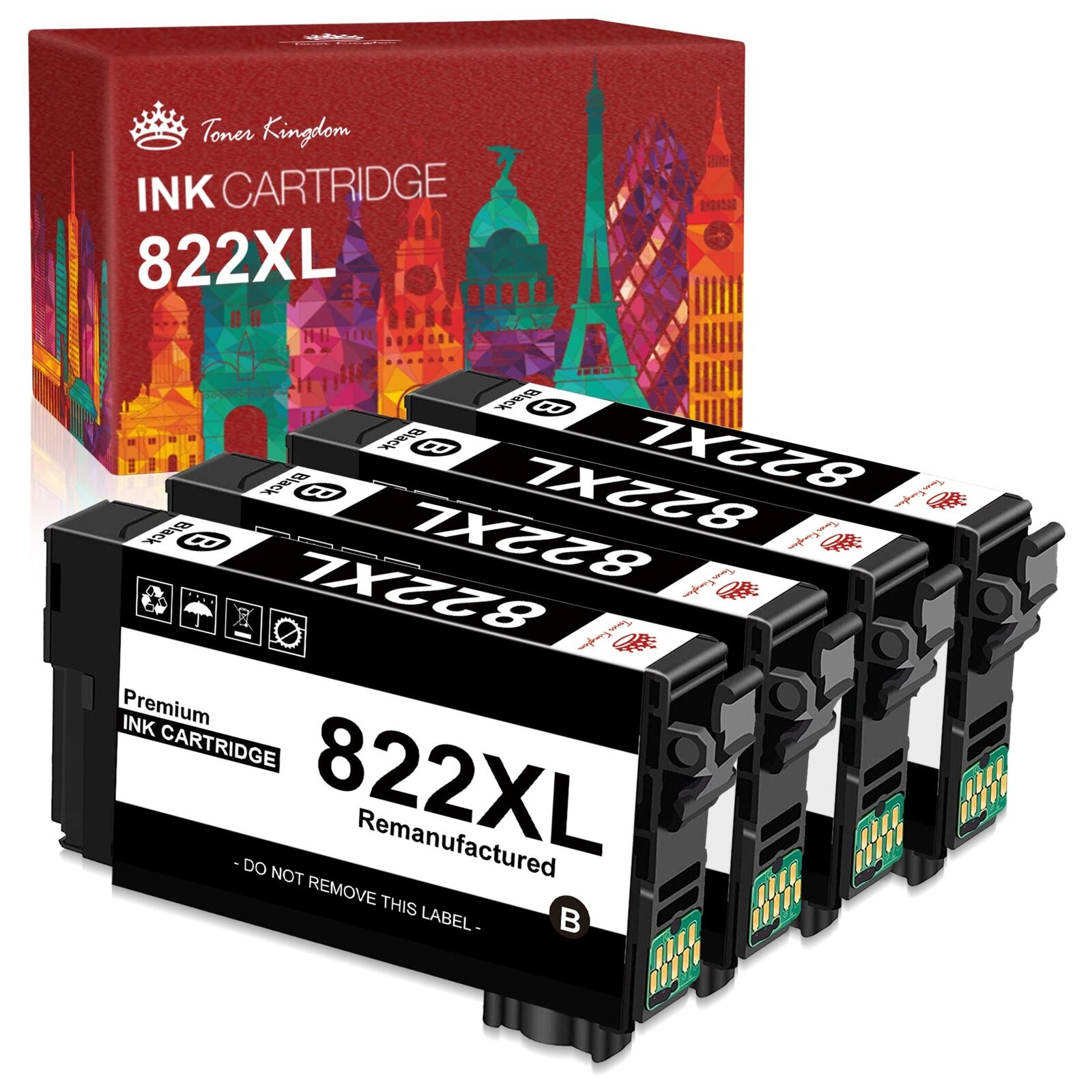 4 Pack 822XL T822XL Ink Cartridge Black For Epson WorkForce Pro WF-3820 WF-4820