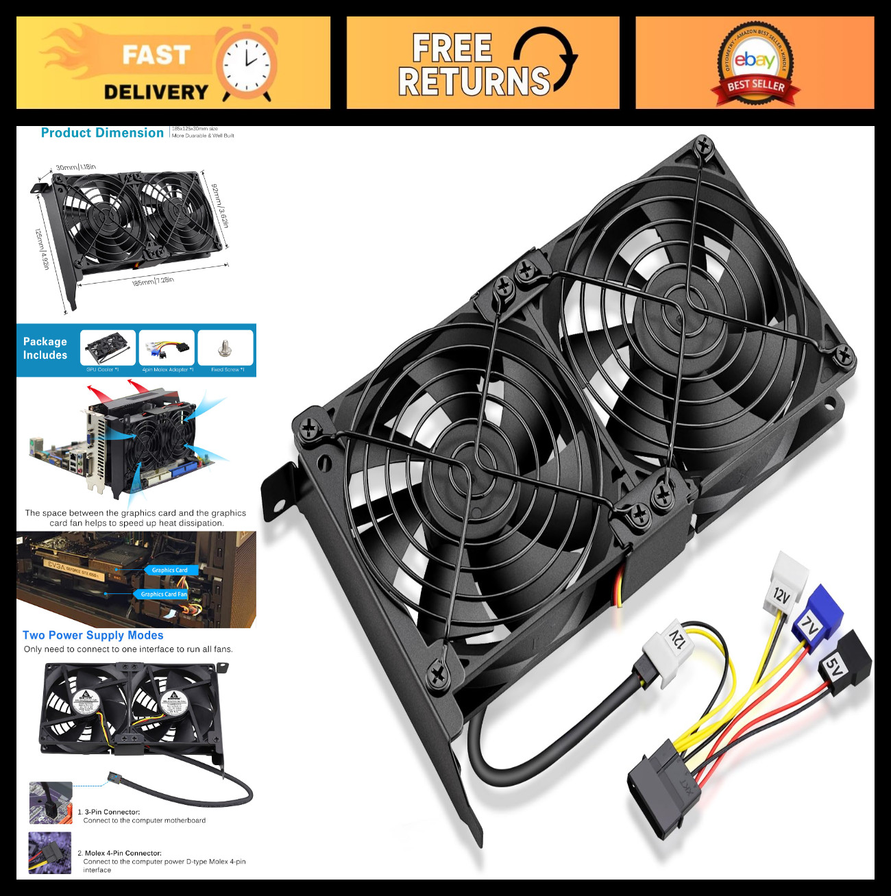 Dual 90mm PCI Slot Graphics Card Cooler - High-Performance Video Card Fans, VGA