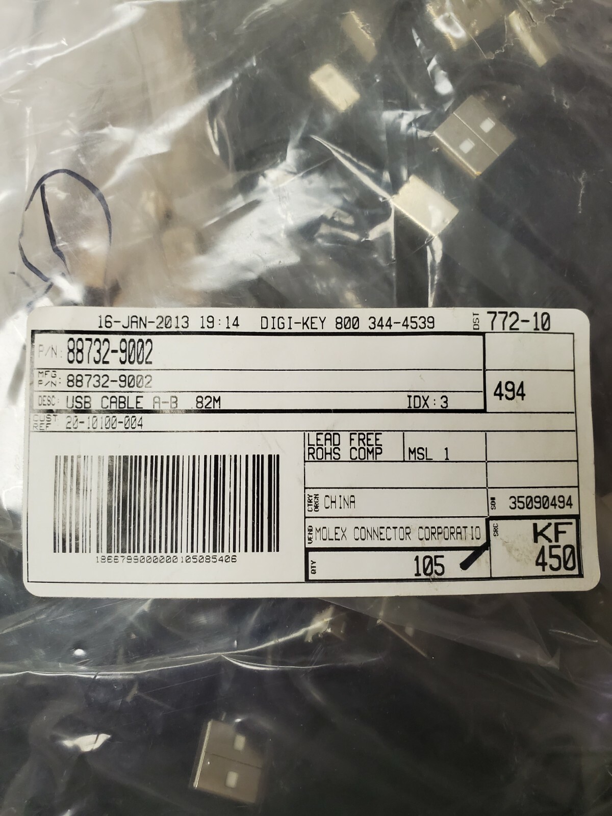 LOT OF 10 Molex USB  cable 887329002  A-to-B 82m dual ended connector