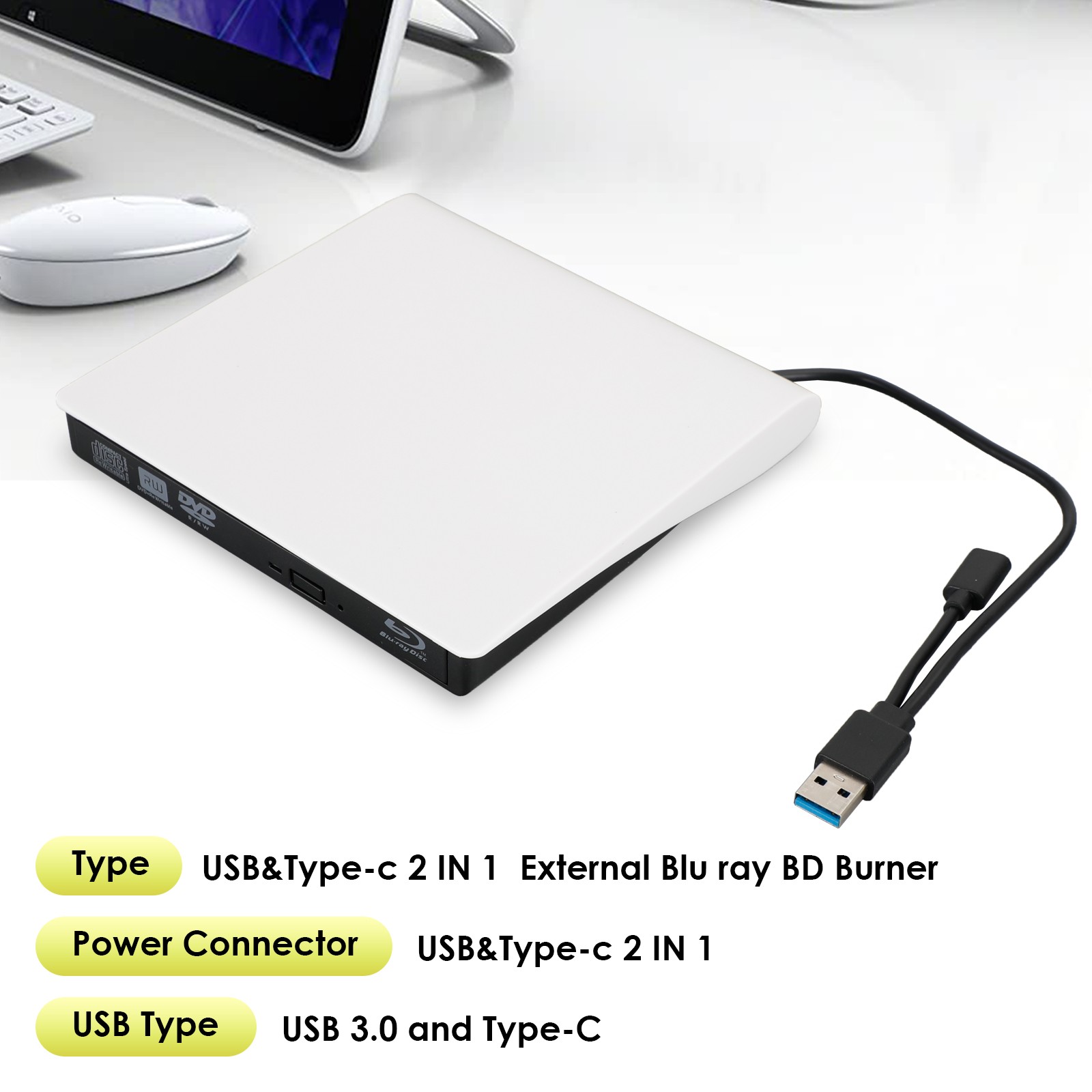 2 IN 1 USB&Type-c External Disc Writer + Reader Burner for Windows Mac E4
