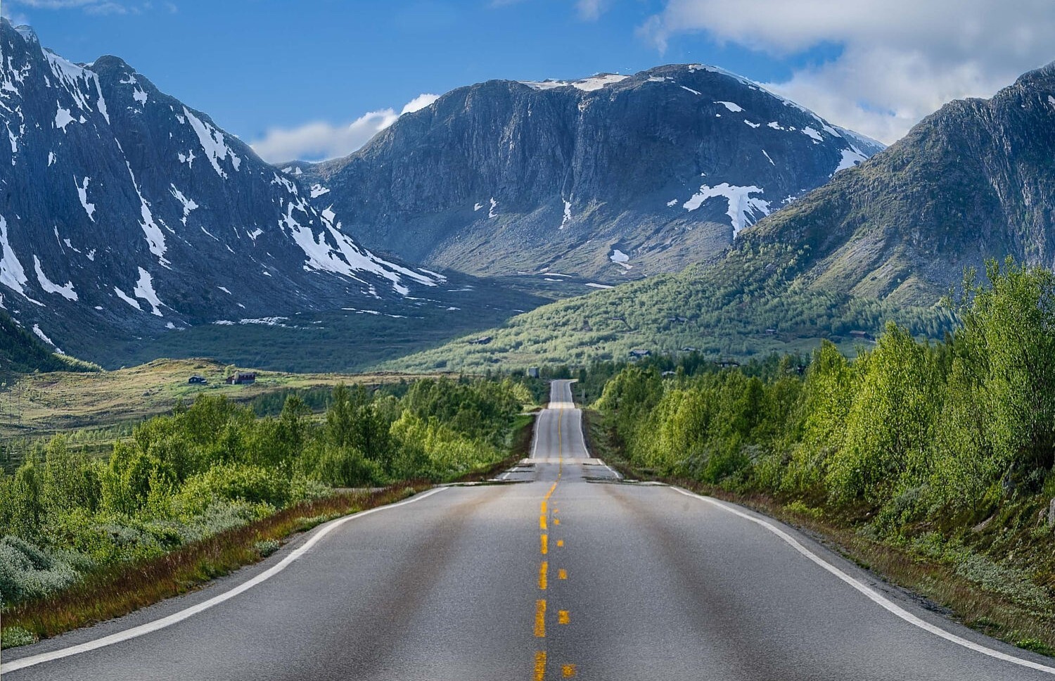 Landscape nature road mountains trees snow shrubs summer Custom Gaming Mat Desk