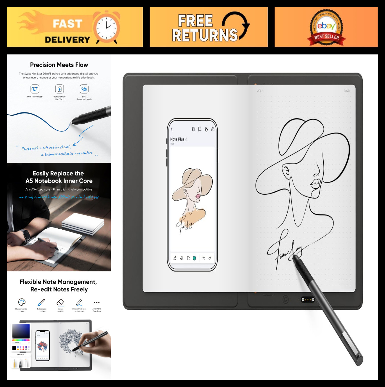 Digital Notebook with Pen, Syncs to Phone, Smart Writing Pad, Reusable, Portable
