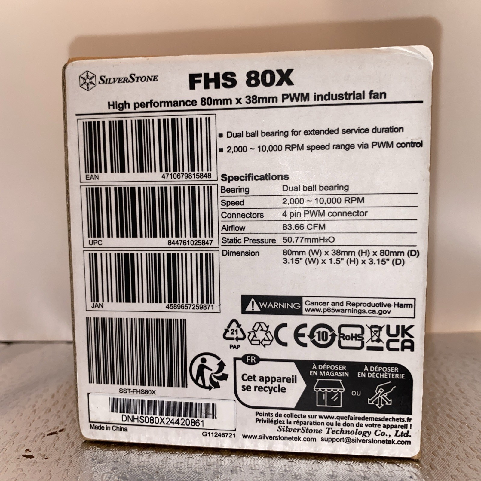 Silverstone FHS80X 80mm Case Fan, Ball Bearing, 83.66 CFM, 10,000 RPM, 4-Pin